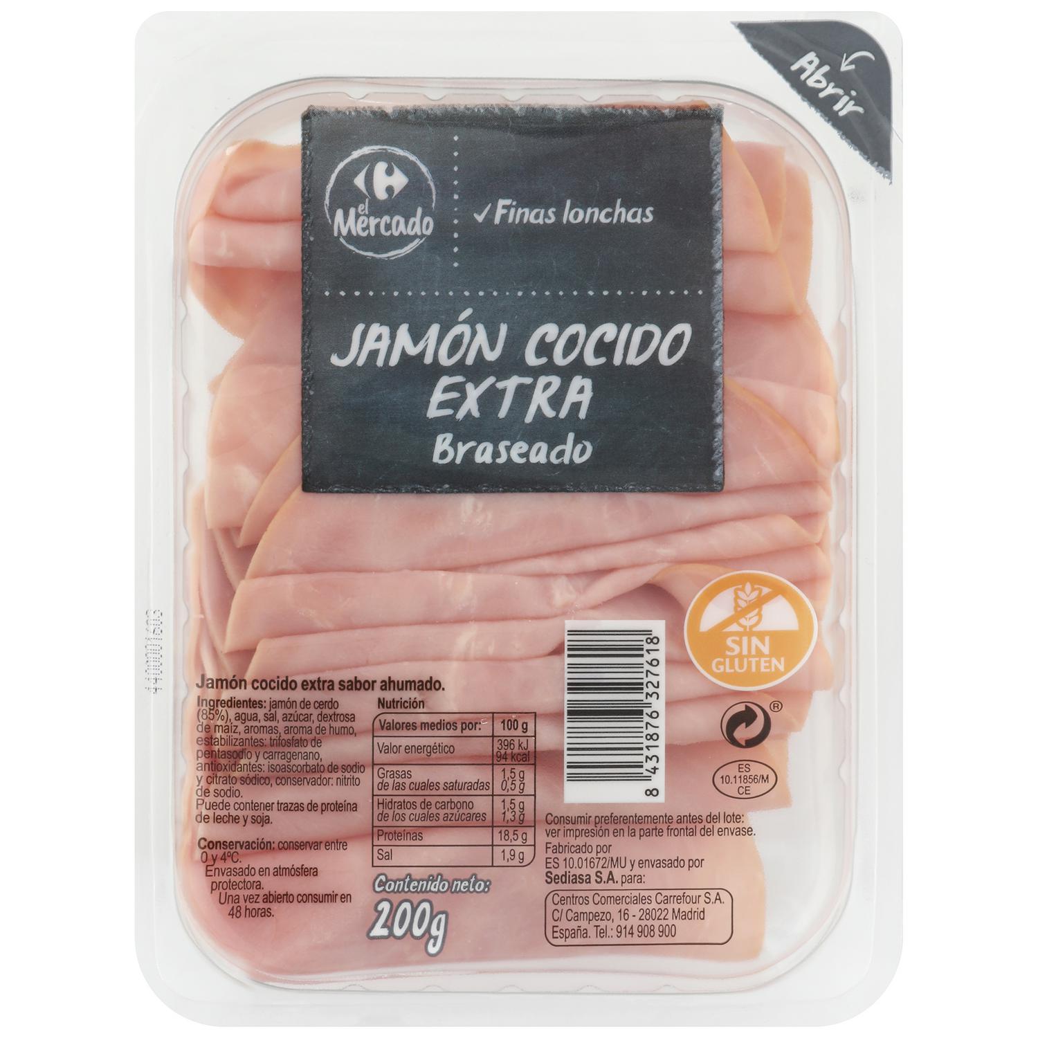 Jamón Cocido Extra Braseado en finas lonchas Carrefour El Mercado sin gluten 200 g