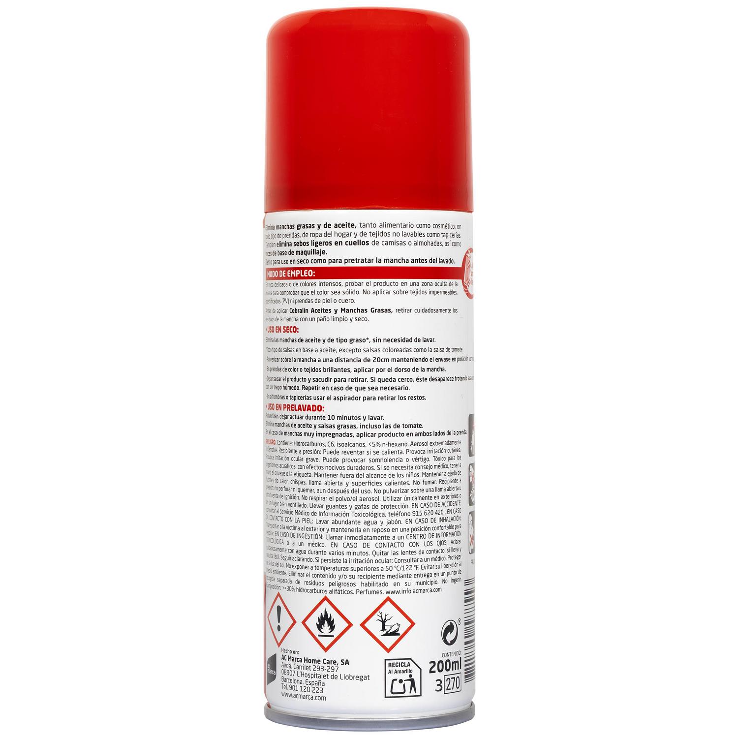 Spray quitamanchas aceites y salsas grasas doble uso Cebralín 200 ml.