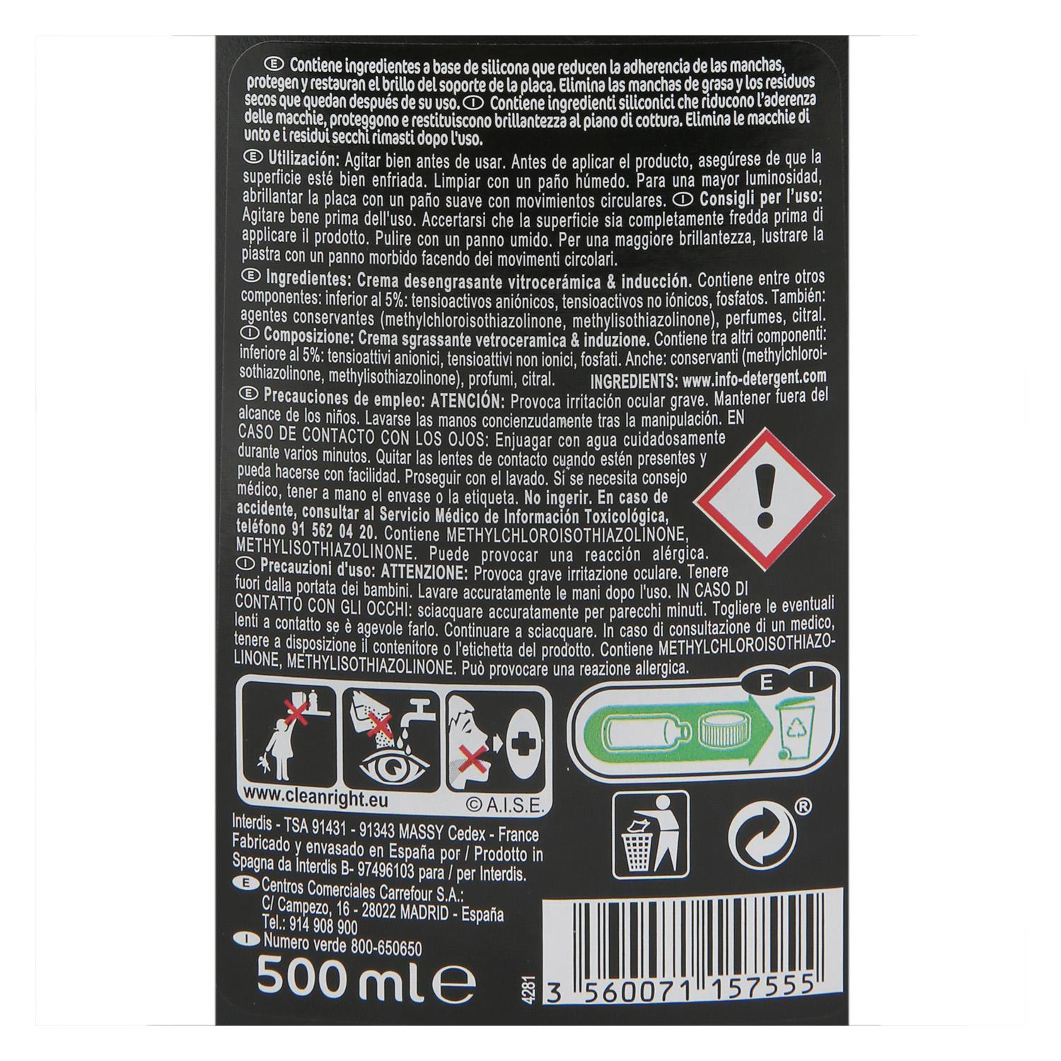 Limpiador de vitrocerámica e inducción en crema Carrefour 500 ml.