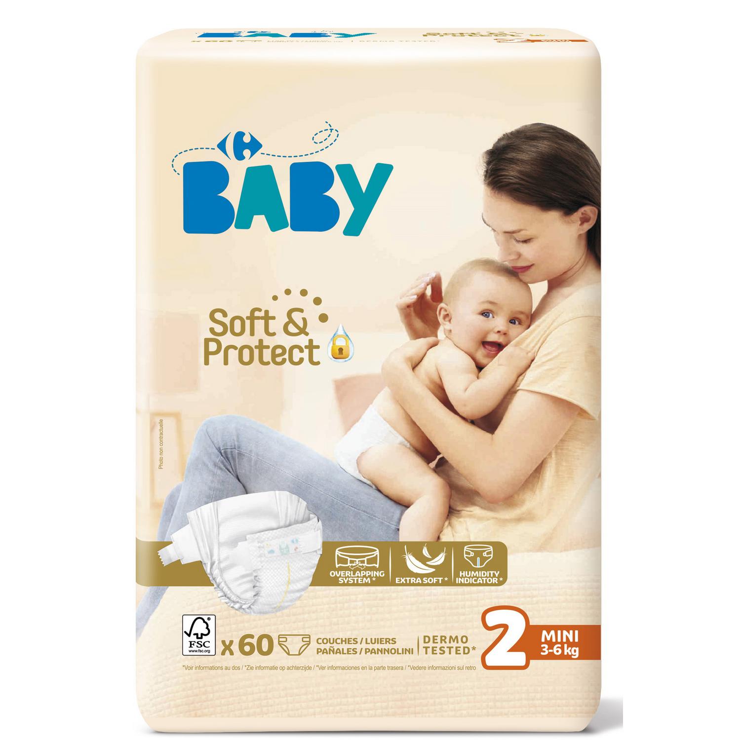 Pañales soft&protect Carrefour Baby T2 (3-6 kg) 60 ud.