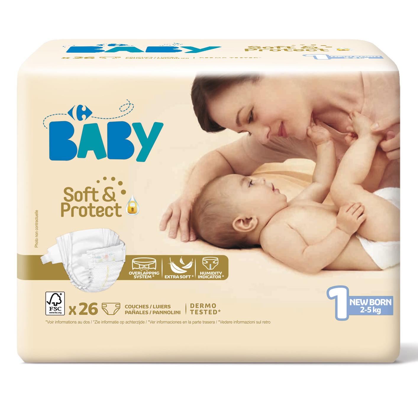 Pañales soft&protect Carrefour Baby T1 (2-5 kg) 26 ud.
