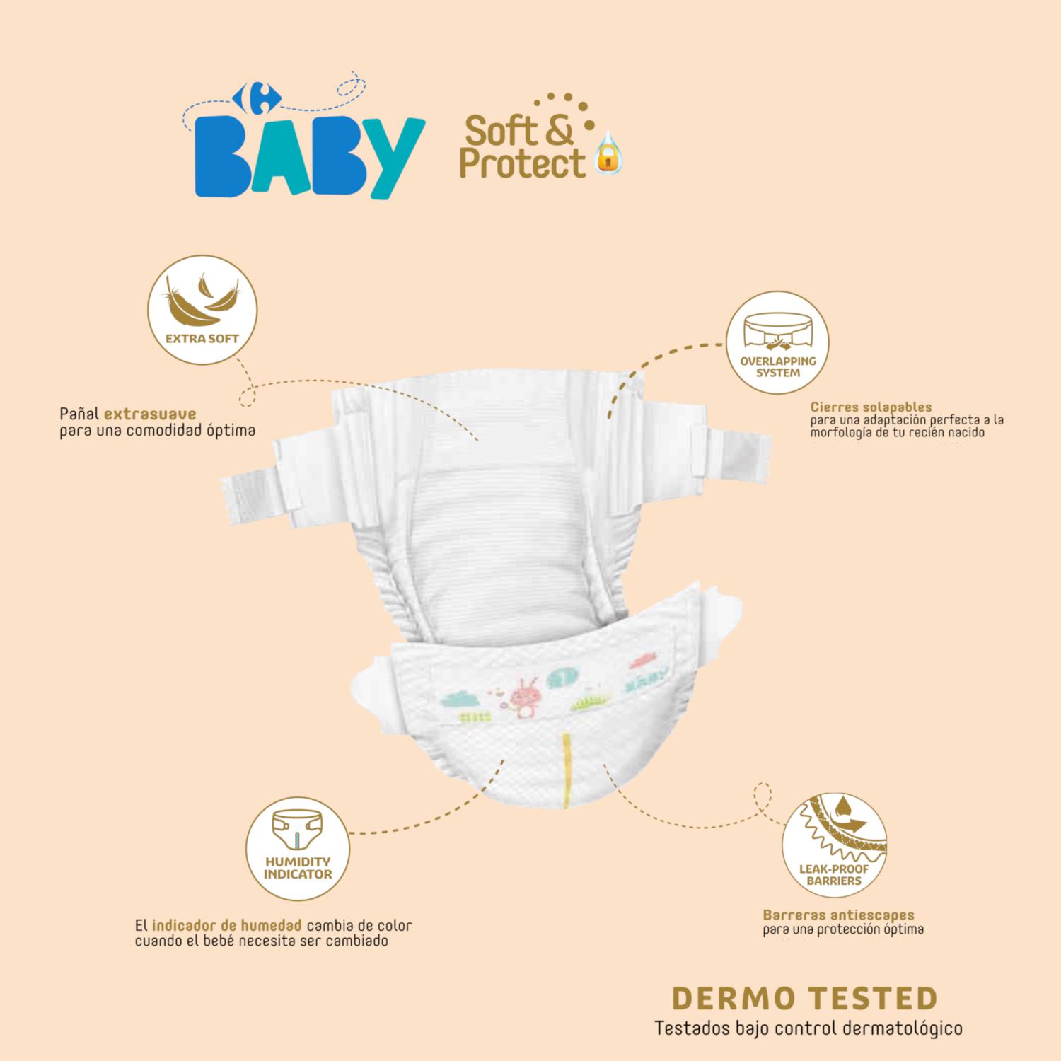 Pañales soft&protect Carrefour Baby T1 (2-5 kg) 26 ud.