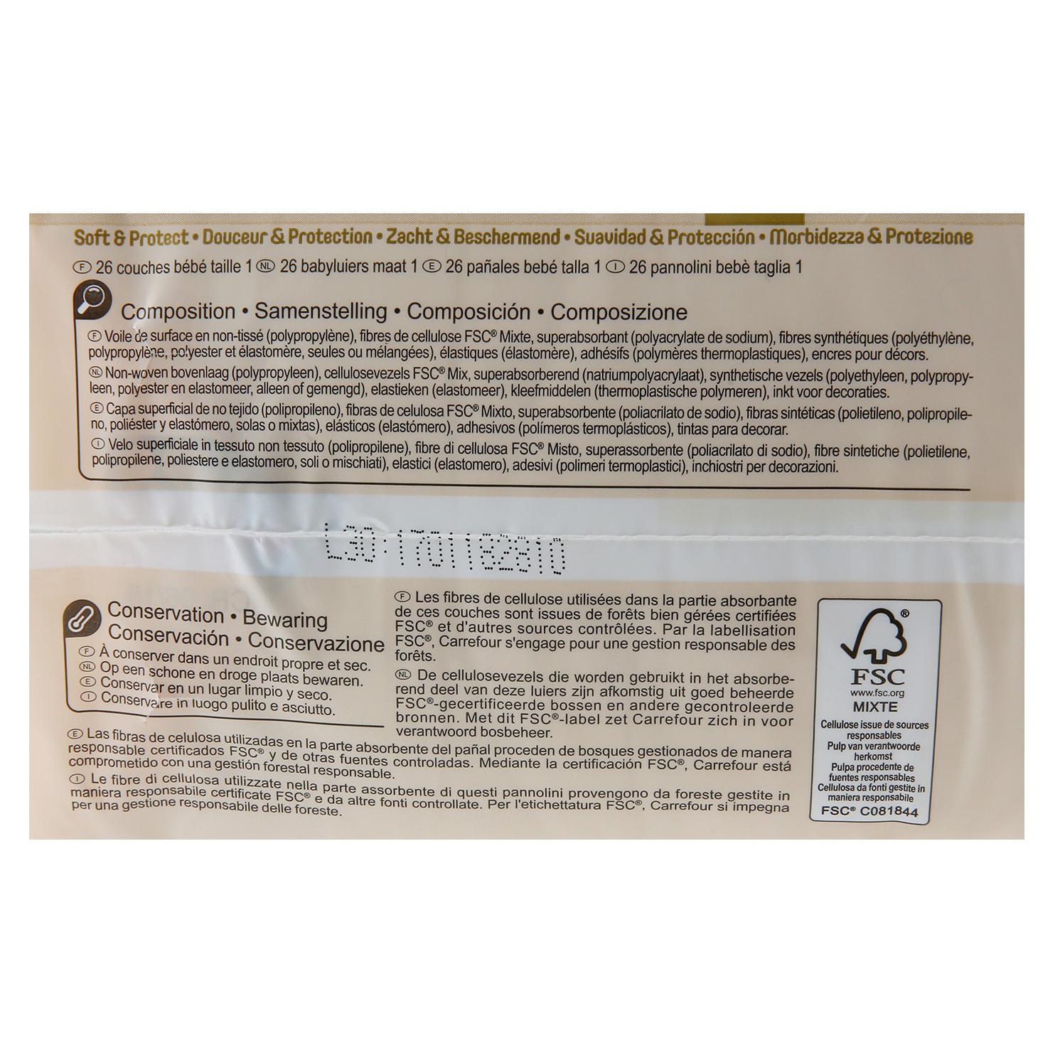 Pañales soft&protect Carrefour Baby T1 (2-5 kg) 26 ud.