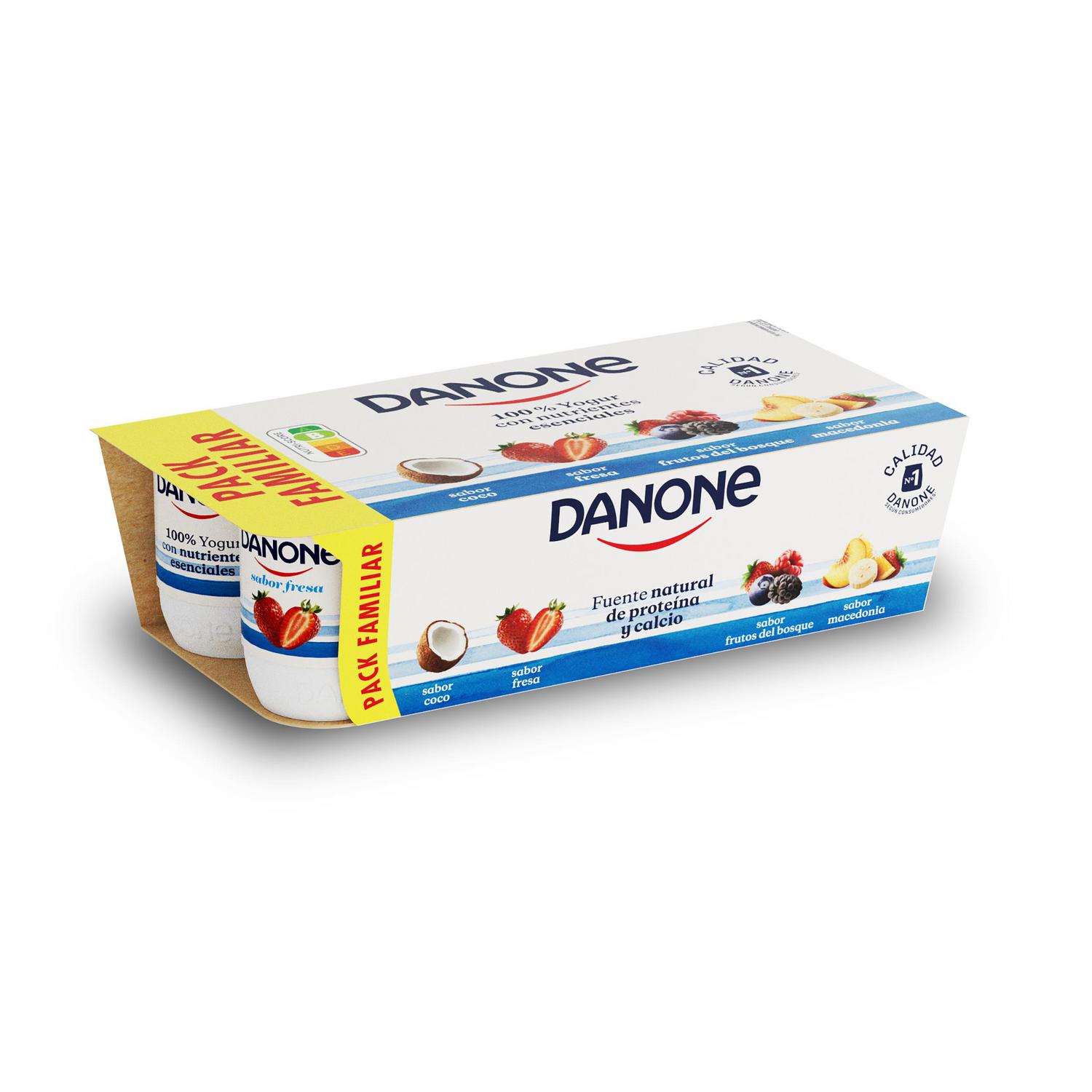 Yogur sabor coco, fresa, frutos del bosque y macedonia Danone pack de 8 unidades de 120 g.