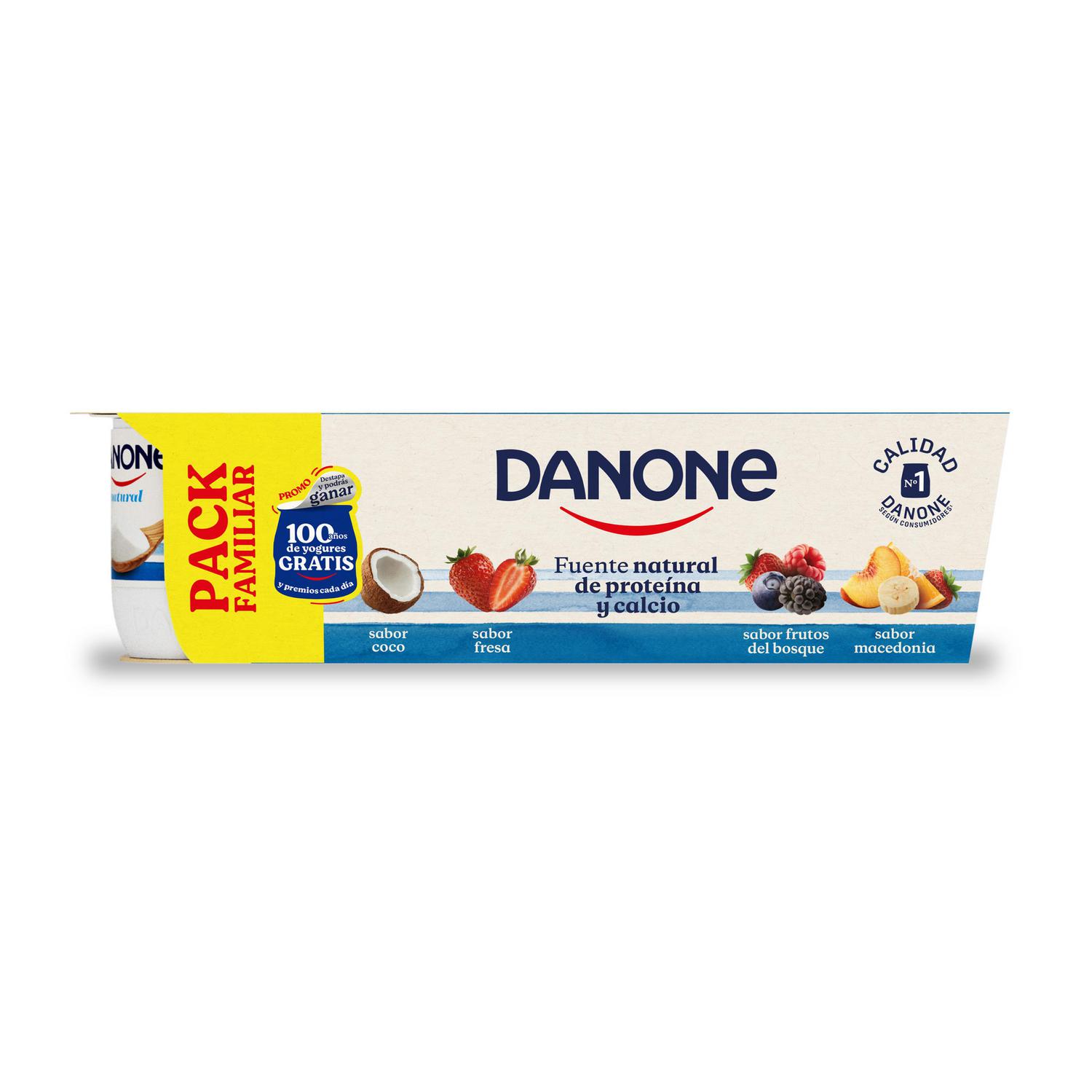 Yogur sabor coco, fresa, frutos del bosque y macedonia Danone pack de 8 unidades de 120 g.