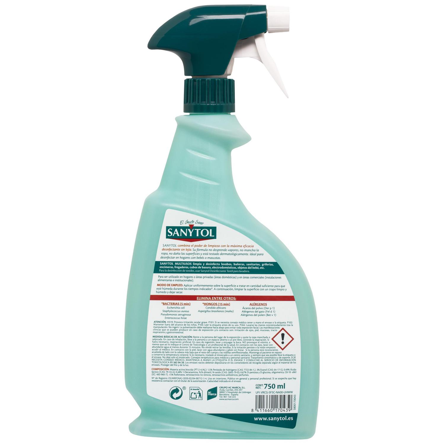 Limpiador desinfectante multiusos manzana sin lejía Sanytol 750 ml.
