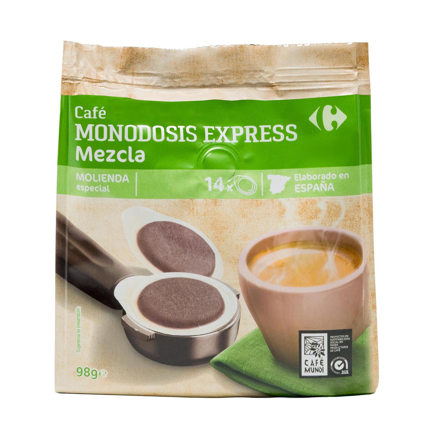 Café monodosis mezcla express Carrefour 14 unidades de 7 g.