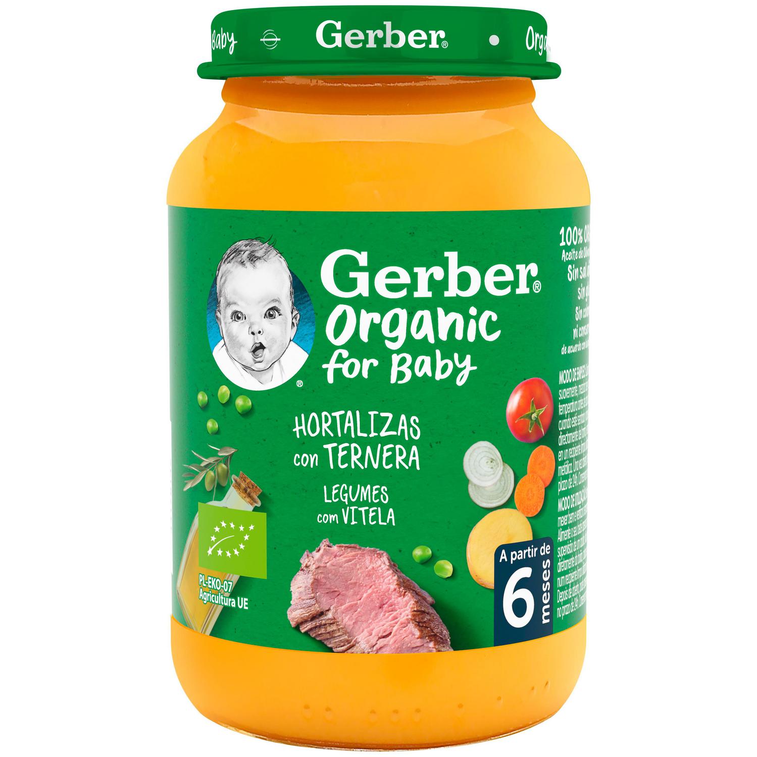 Tarrito de hortalizas con ternera desde 6 meses ecológico Gerber sin gluten 190 g.
