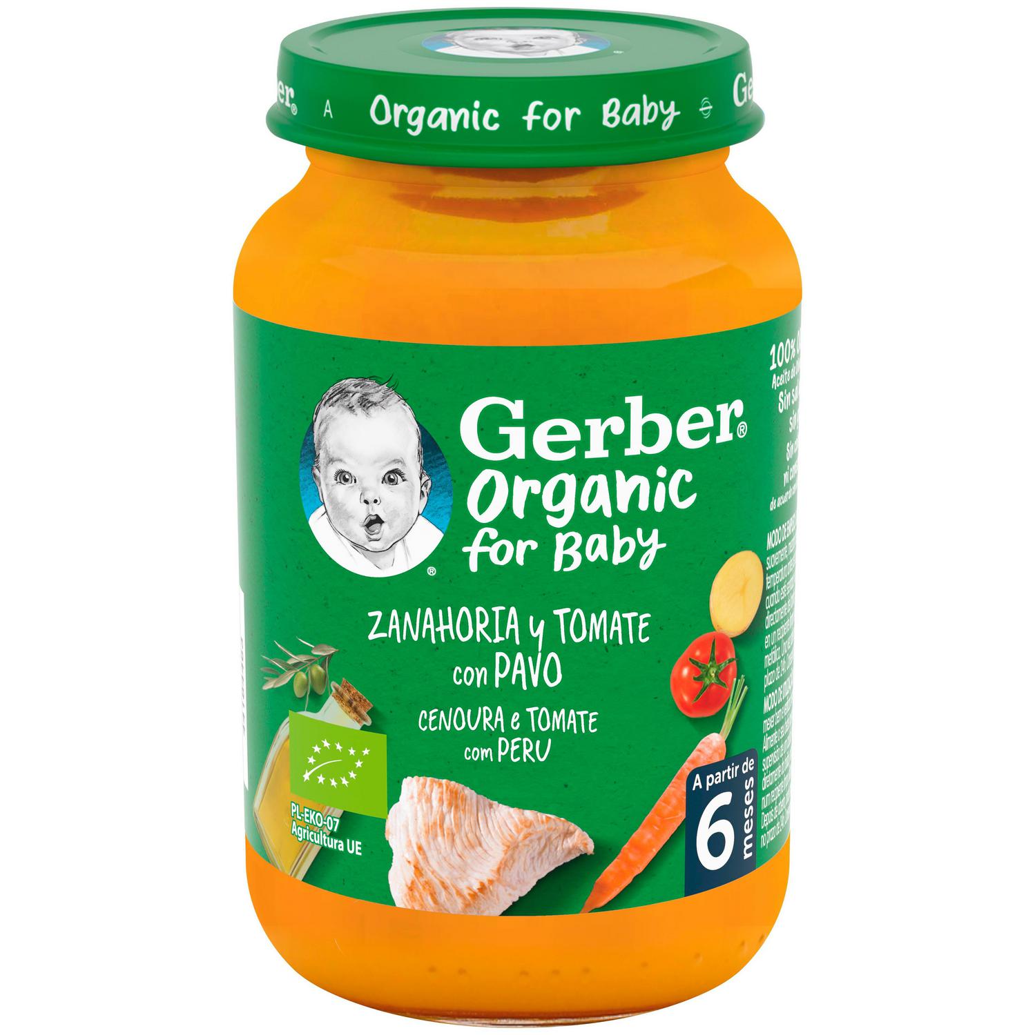 Tarrito de zanahoria y tomate con pavo desde 6 meses ecológico Gerber sin gluten 190 g.