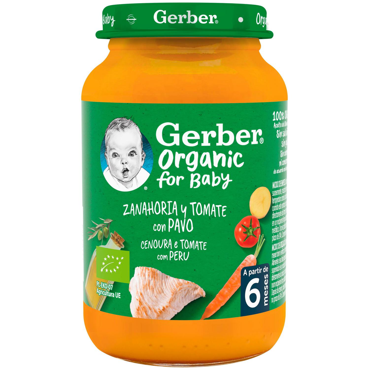 Tarrito de zanahoria y tomate con pavo desde 6 meses ecológico Gerber sin gluten 190 g.