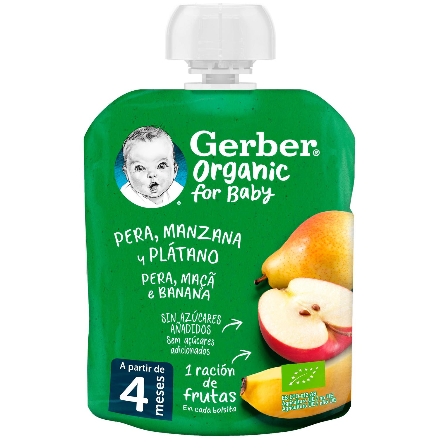 Bolsita de pera, manzana y plátano desde 4 meses ecológica Gerber sin gluten y sin azúcar añadido 90 g.