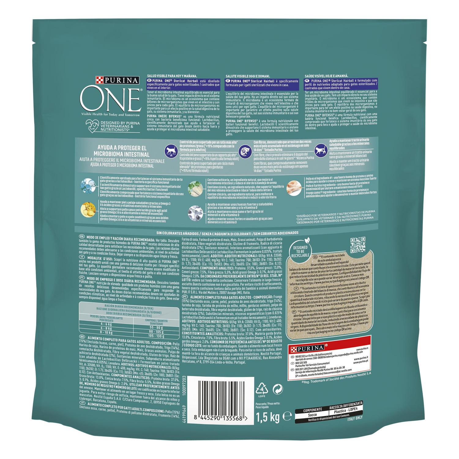 Pienso esterilizado control bolas de pelo de pollo para gato Purina One Bifensis 1,5 kg.