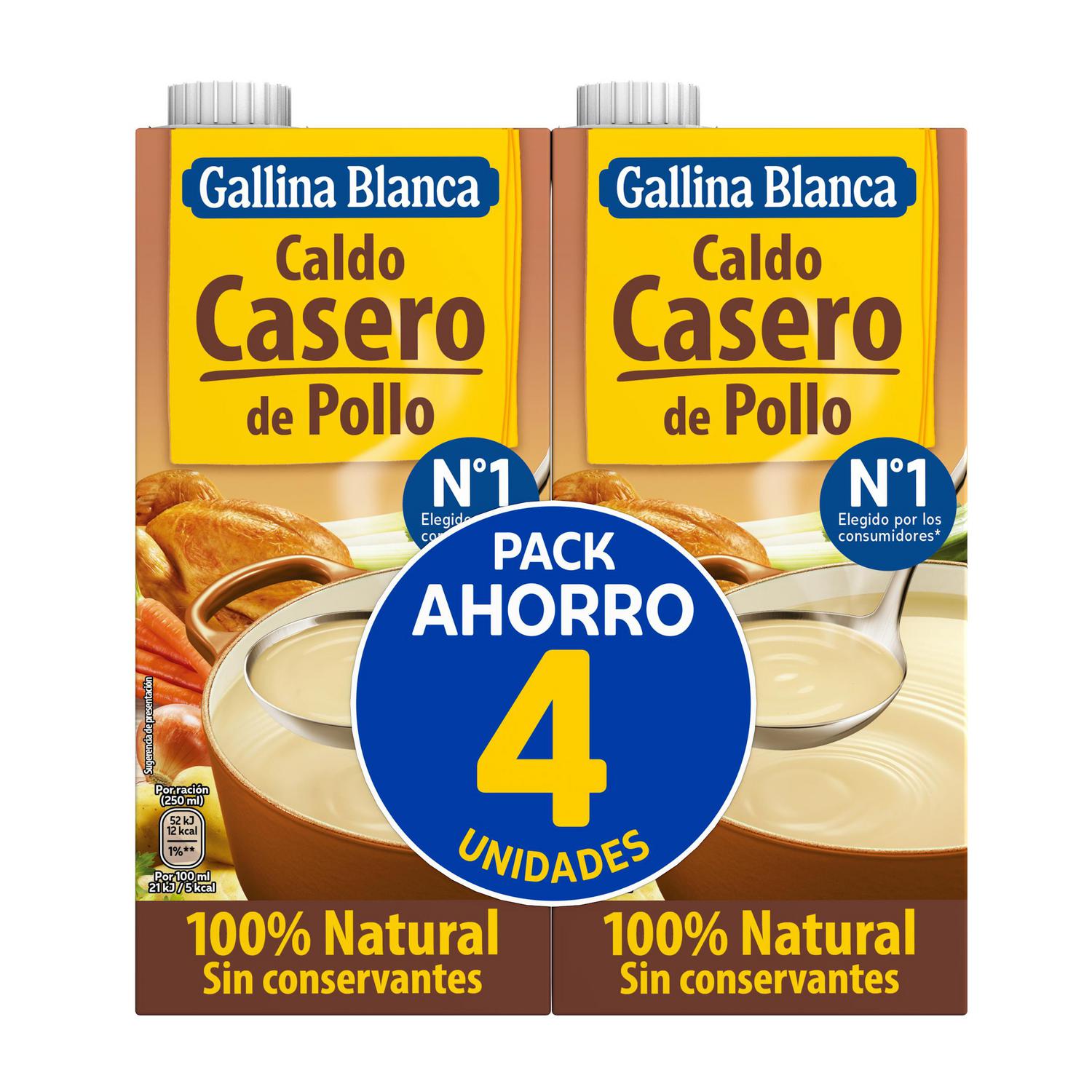 Caldo casero de pollo Gallina Blanca sin gluten pack de 4 brik de 1 l.