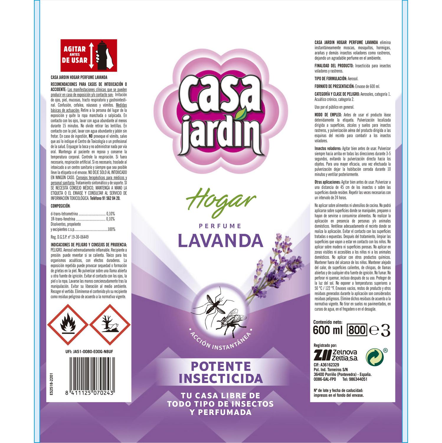Insecticida hogar lavanda Casa Jardín 600 ml.