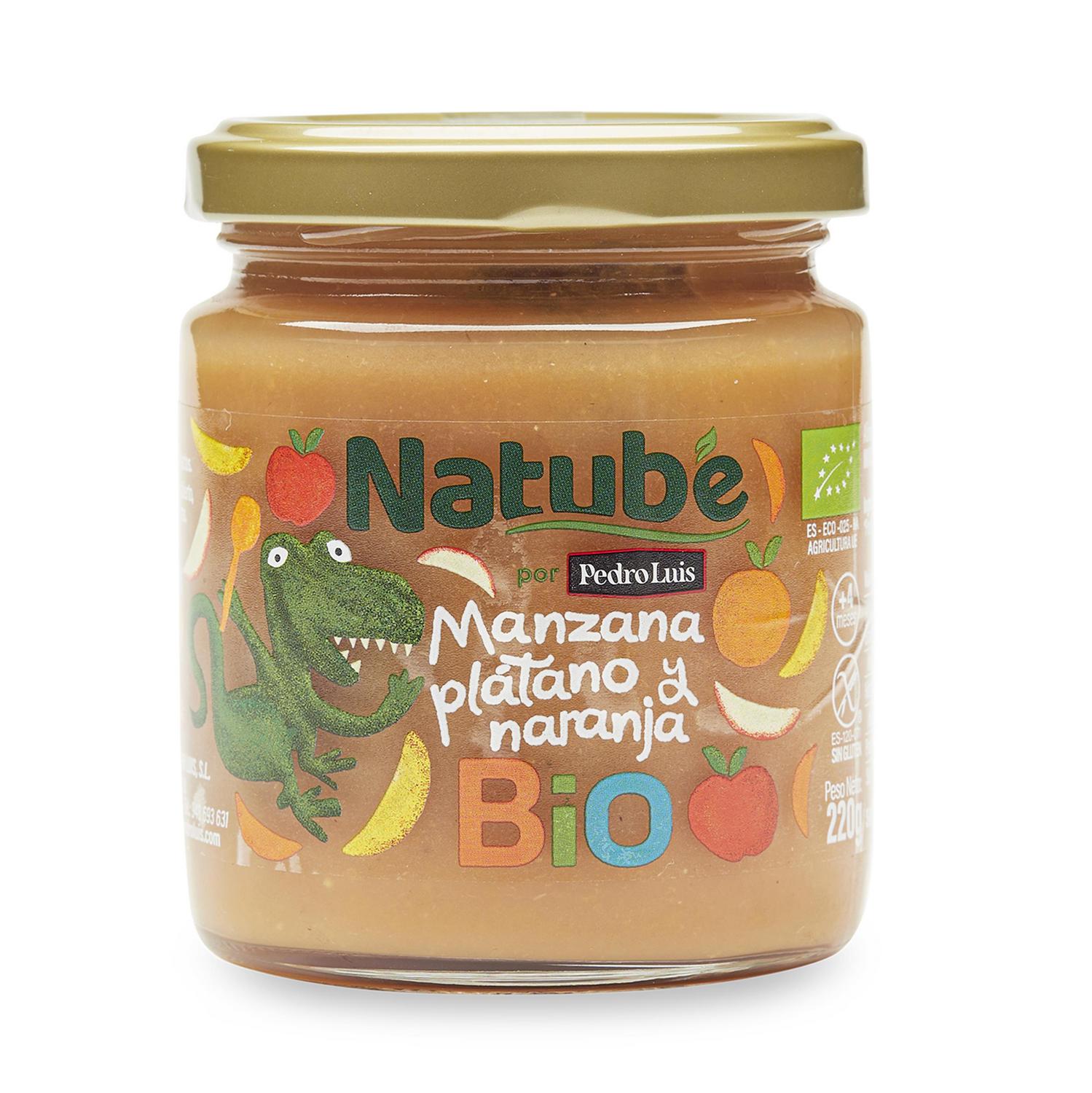 Tarrito de manzana, plátano y naranja desde 4 meses ecológico Natube sin gluten 220 g.