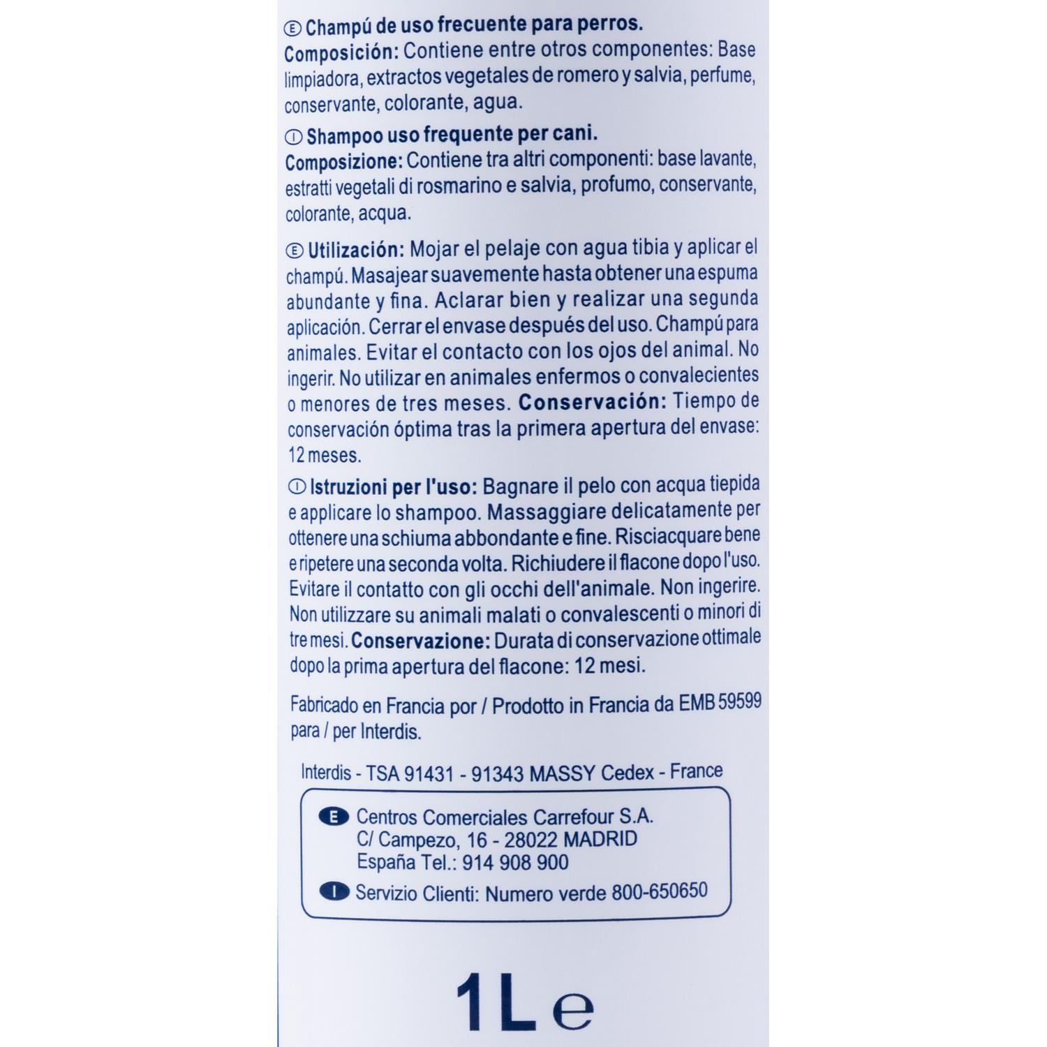 Champú de uso frecuente para perro Carrefour 1L.