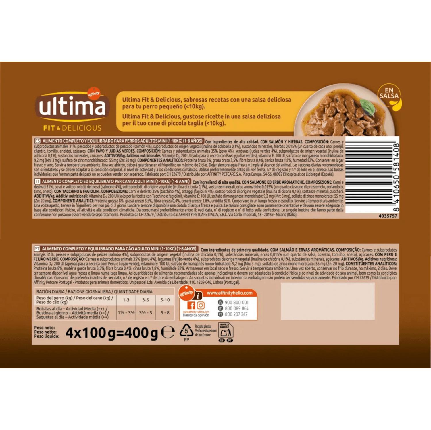 Comida húmeda salmón y pavo para perros adultos mini Ultima 4x100 g.