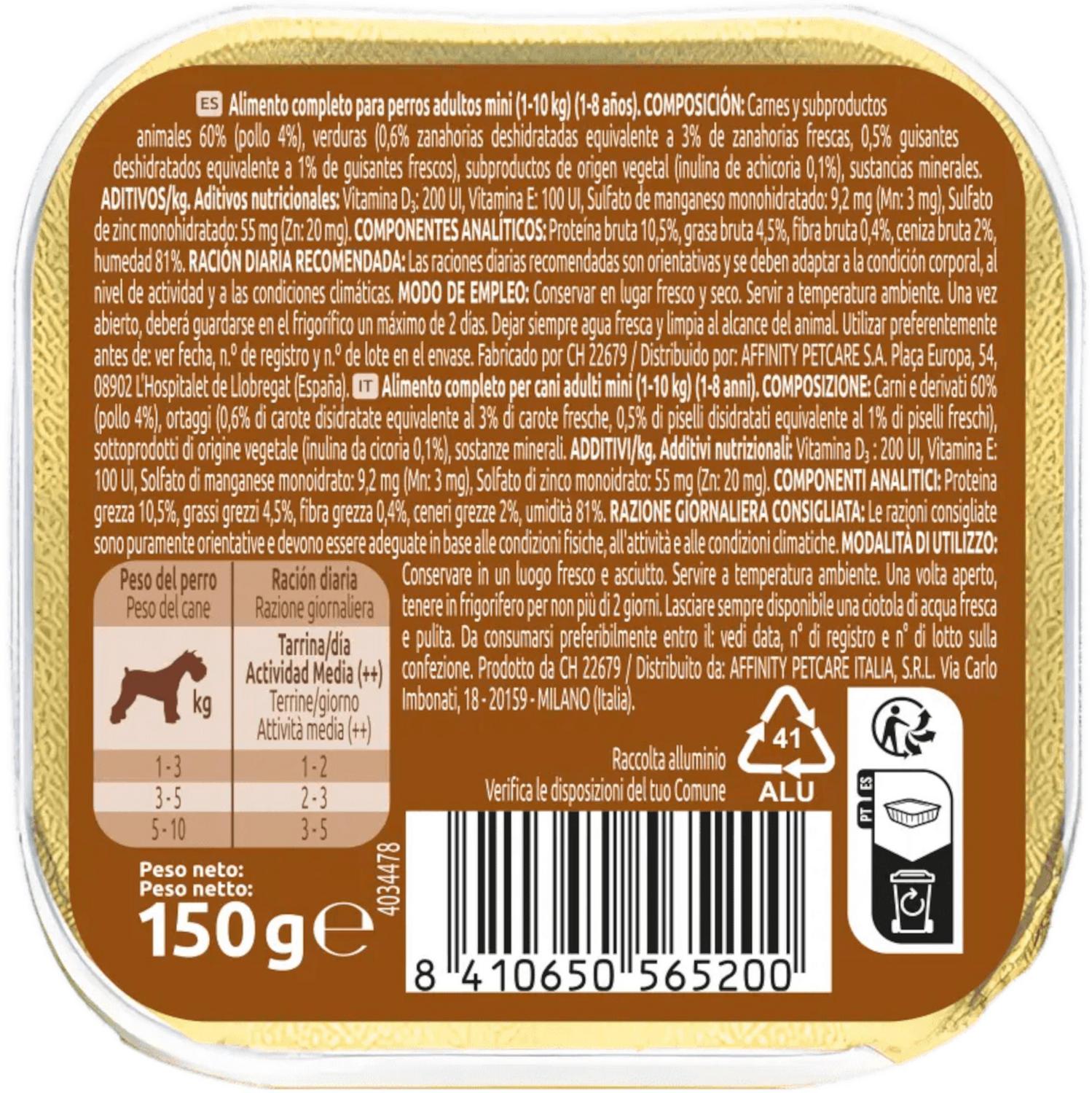 Comida húmeda de pollo para perro mini Ultima 150 g.