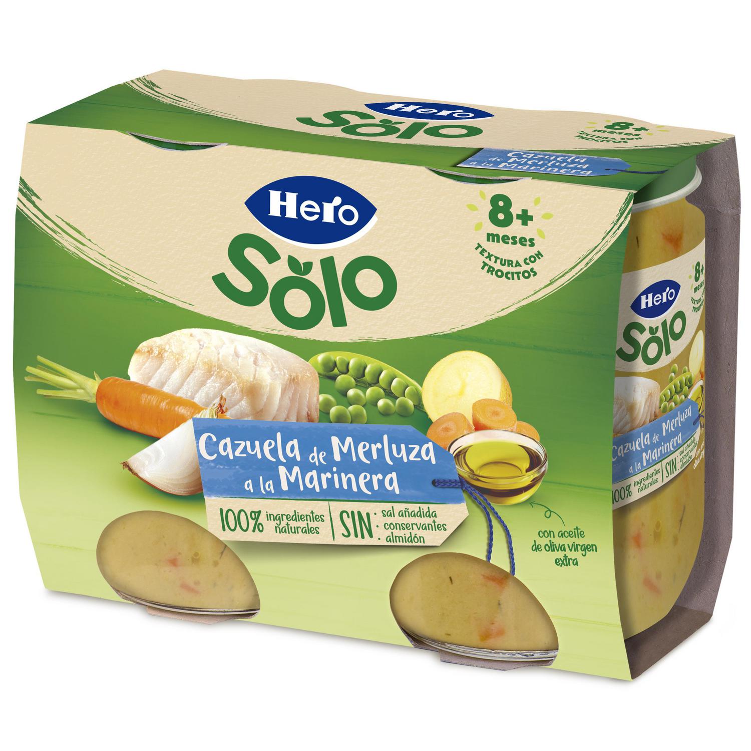 Tarrito de cazuela de merluza a la marinera desde 8 meses Hero Baby sin gluten pack de 2 unidades de 190 g.
