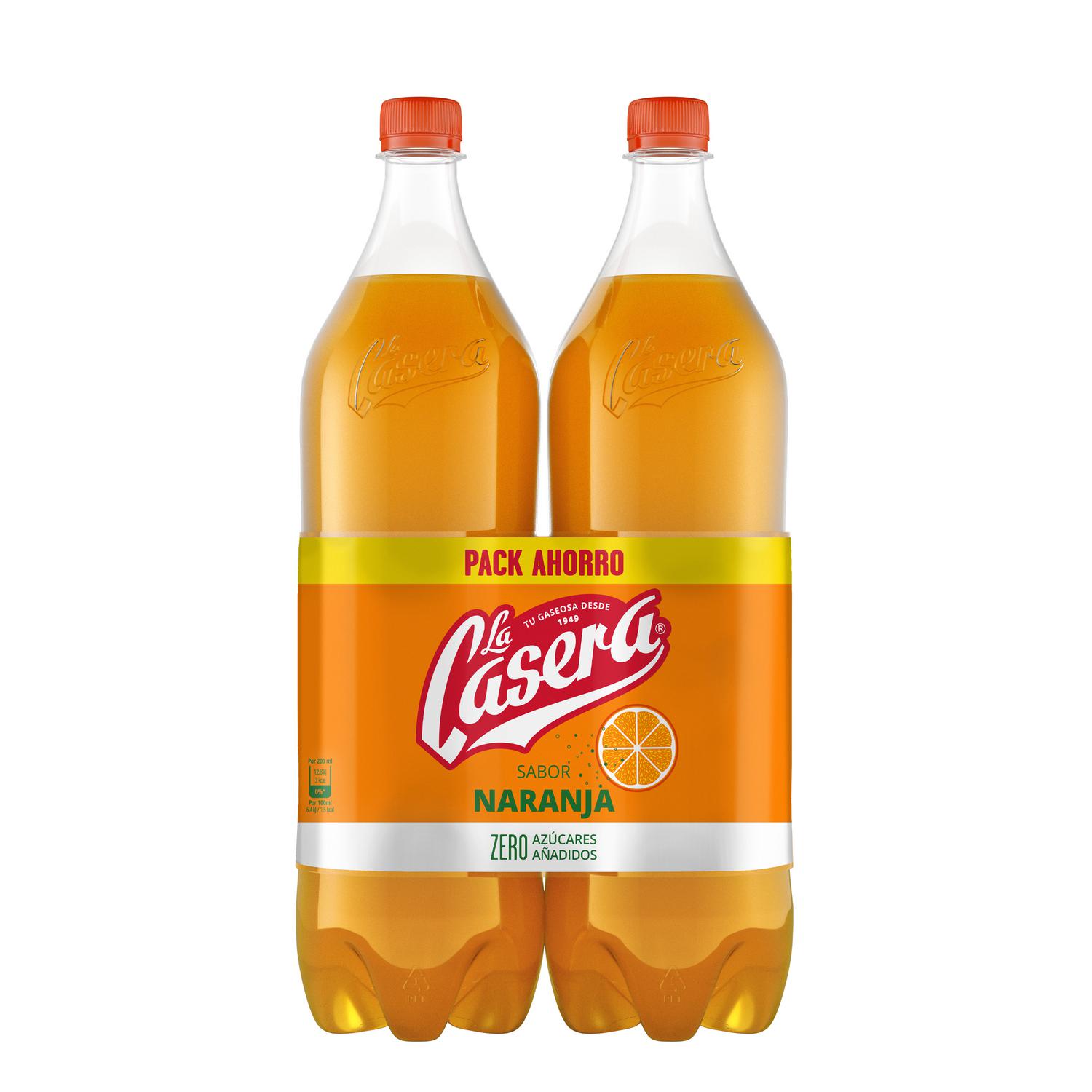 Gaseosa La Casera sabor naranja sin azúcar añadido pack 2 botellas 1,5 l.