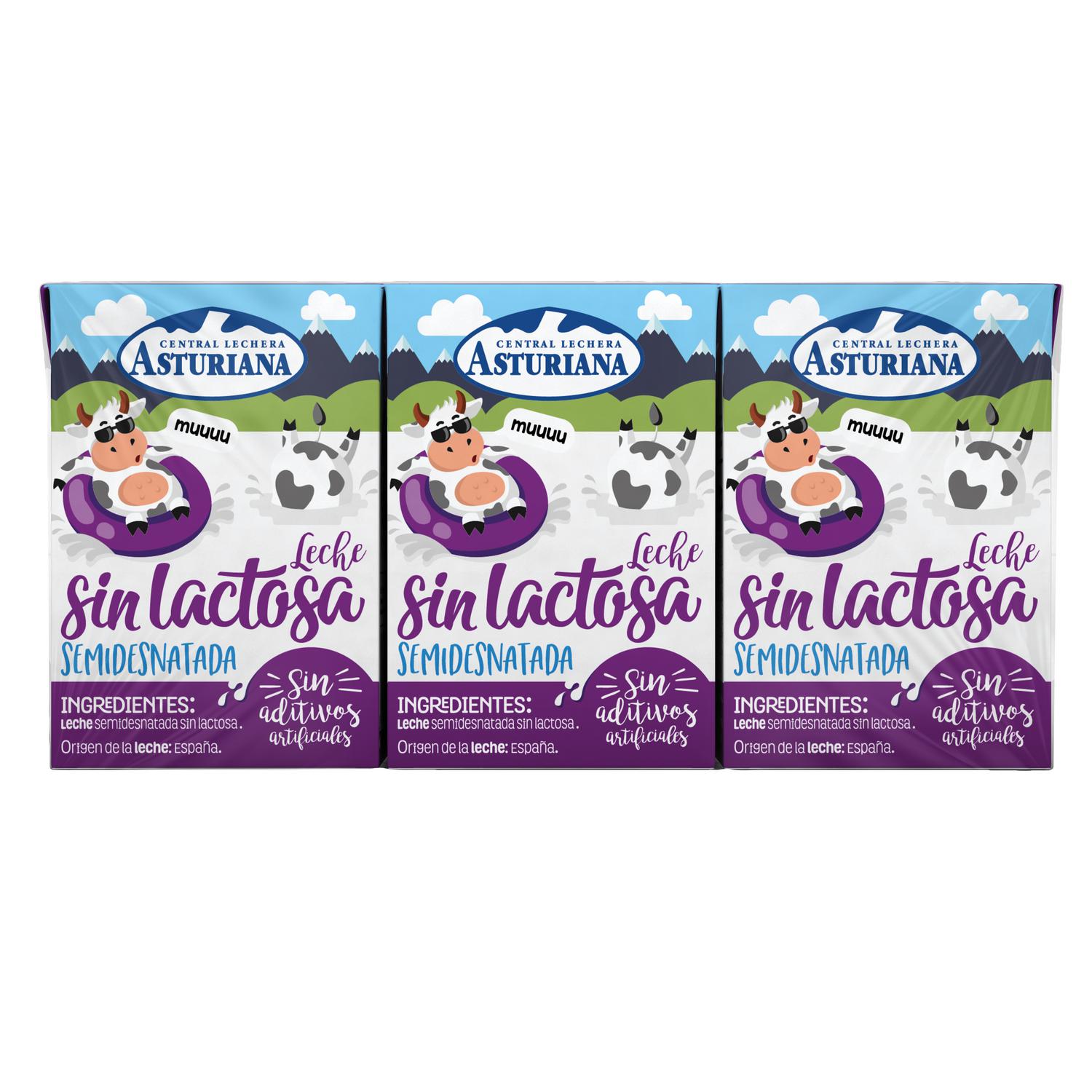Leche semidesnatada Central Lechera Asturiana sin lactosa pack 3 brik de 200 ml.