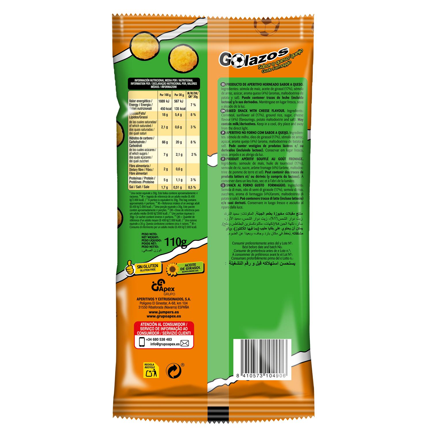 Snack golazos sabor a queso Jumpers sin gluten 110 g.