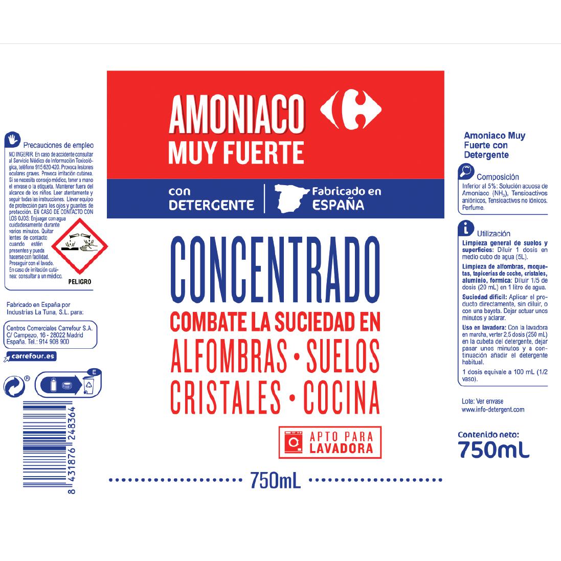 Amoniaco muy fuerte con detergente Carrefour 750 ml.