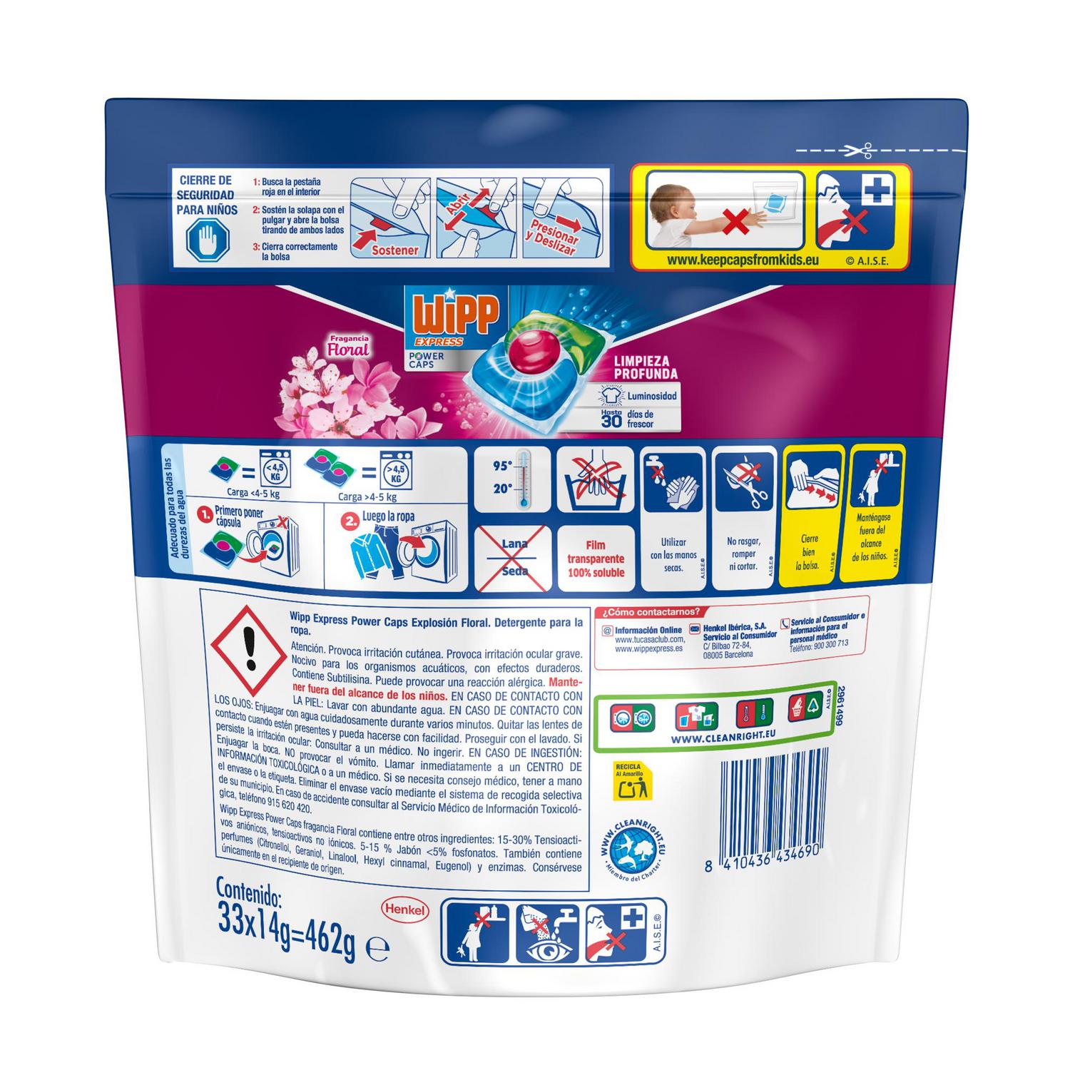 Detergente en cápsulas limpieza profunda fragancia floral Power Caps Wipp Express 33 ud.