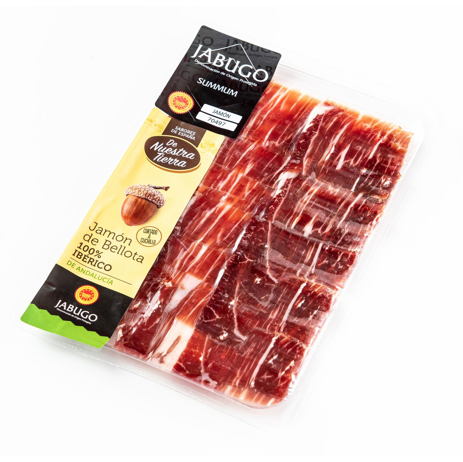 Jamón de Bellota Ibérico 100% Raza Ibérica DOP Jabugo cortado a cuchillo De Nuestra Tierra 80 g