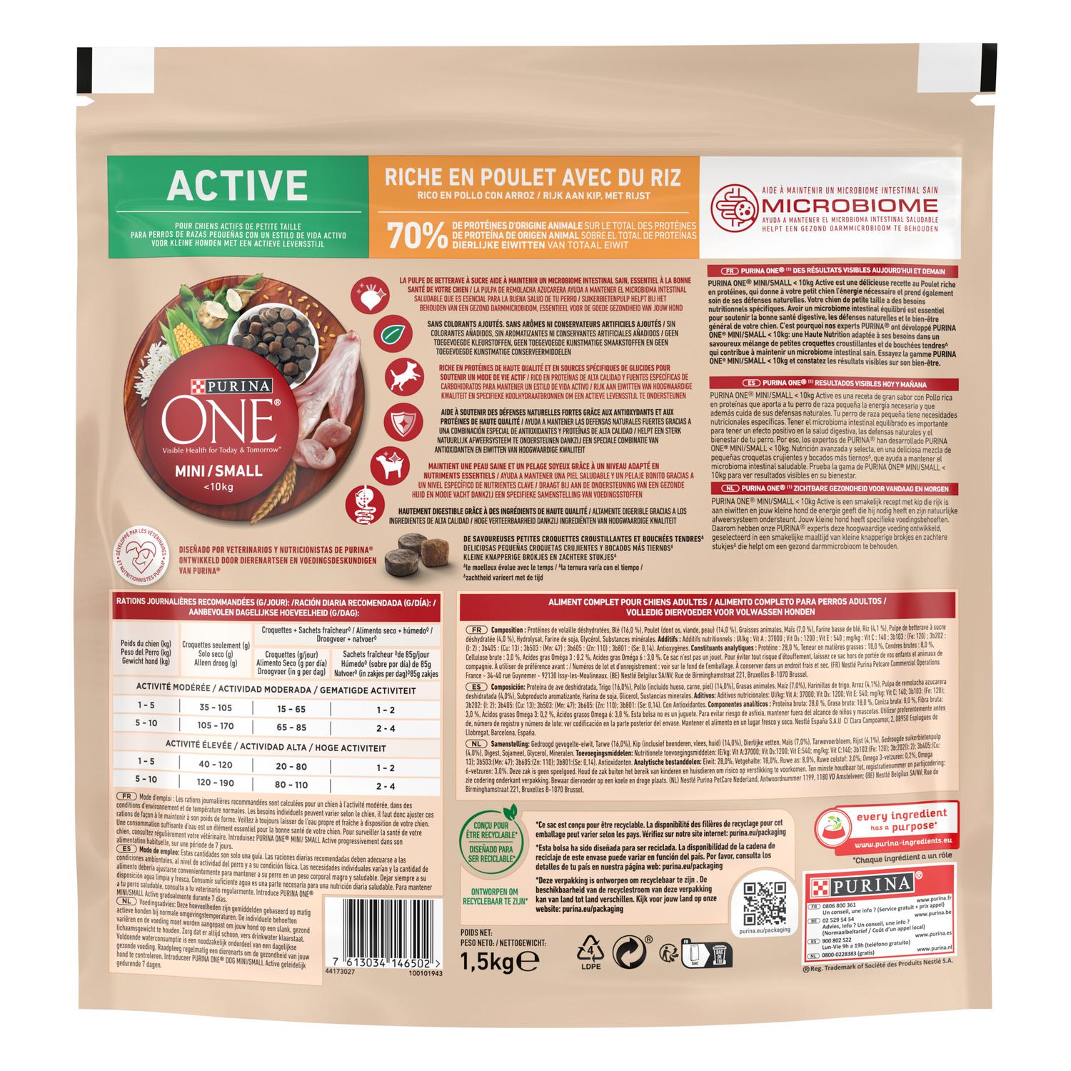 Pienso de pollo y arroz para perro adulto Mini Purina One Active 1,5 Kg