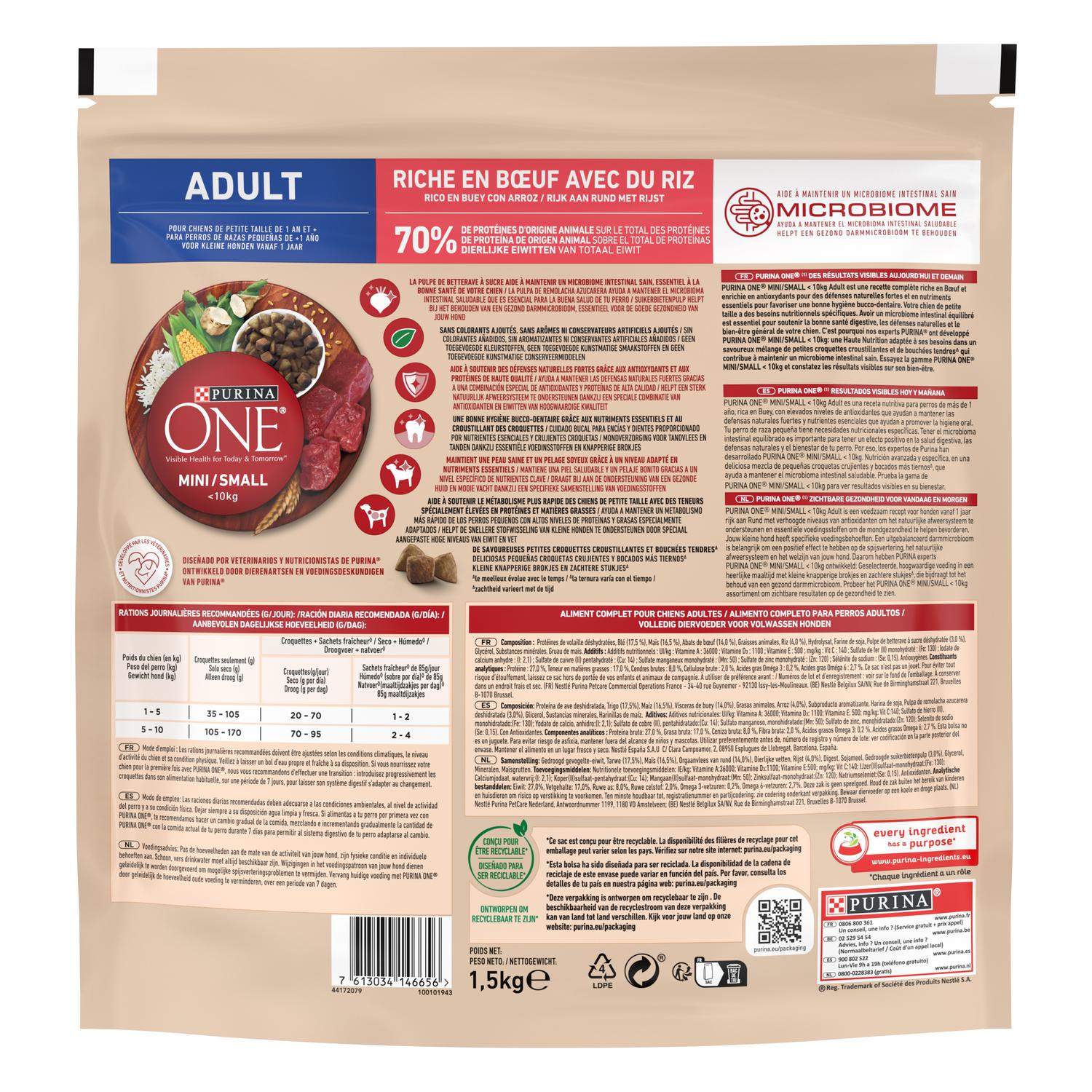 Pienso de buey y arroz para perro adulto Mini Purina One 1,5 Kg