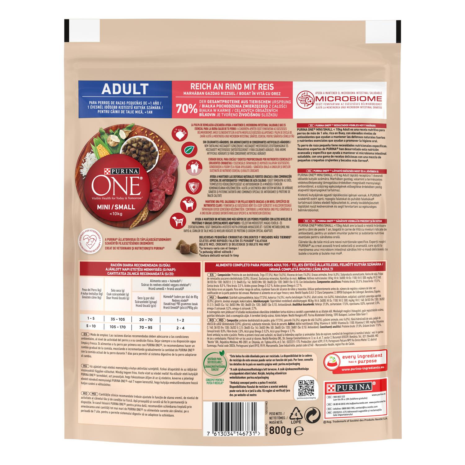 Pienso de buey y arroz para perro adulto Mini Purina One 800 g