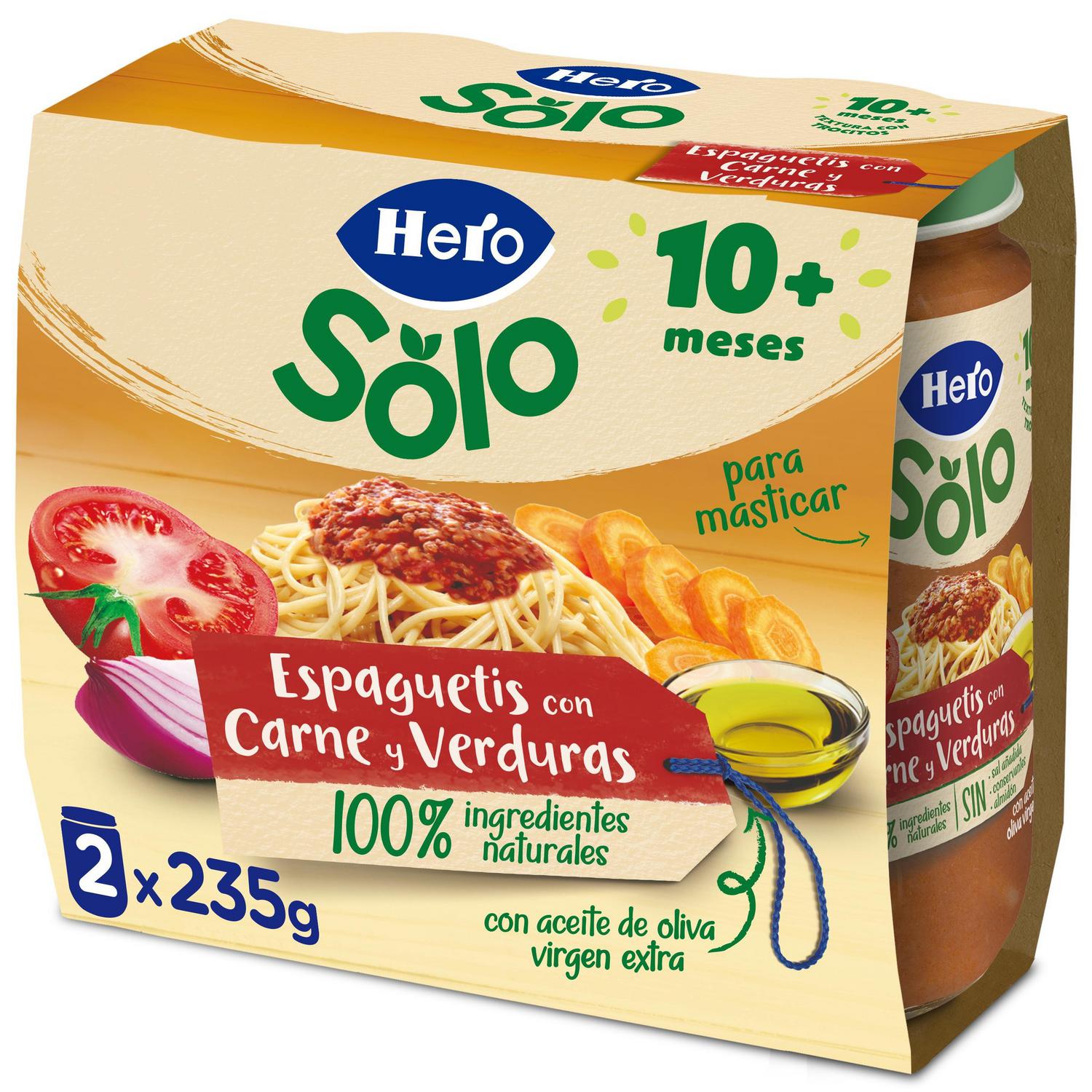 Tarrito de espaguetis con carne y verduras desde 10 meses Hero Baby pack de 2 unidades de 235 g.