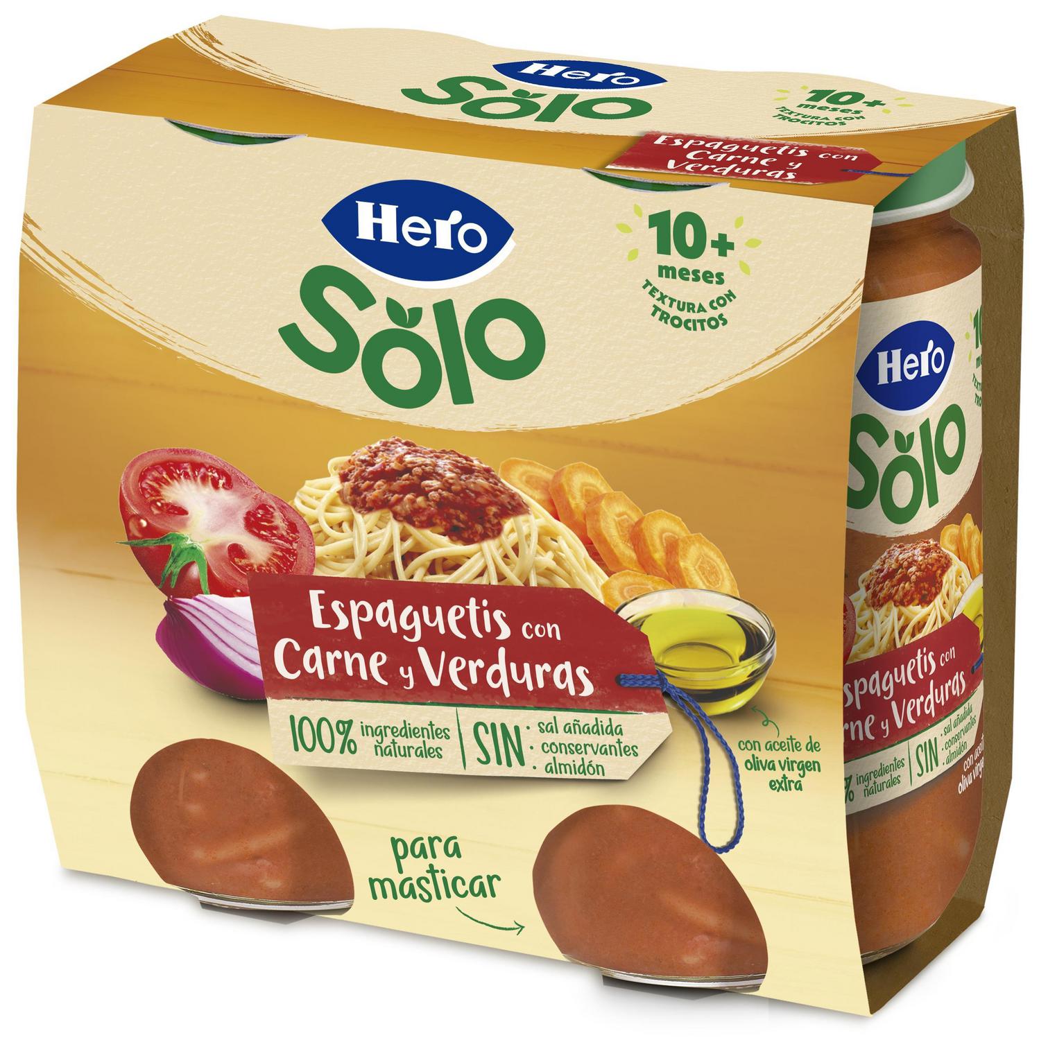 Tarrito de espaguetis con carne y verduras desde 10 meses Hero Baby pack de 2 unidades de 235 g.