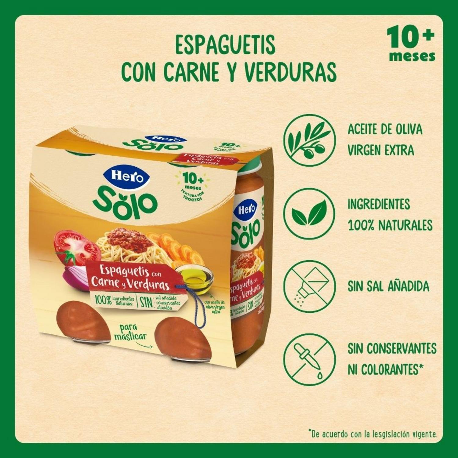 Tarrito de espaguetis con carne y verduras desde 10 meses Hero Baby pack de 2 unidades de 235 g.