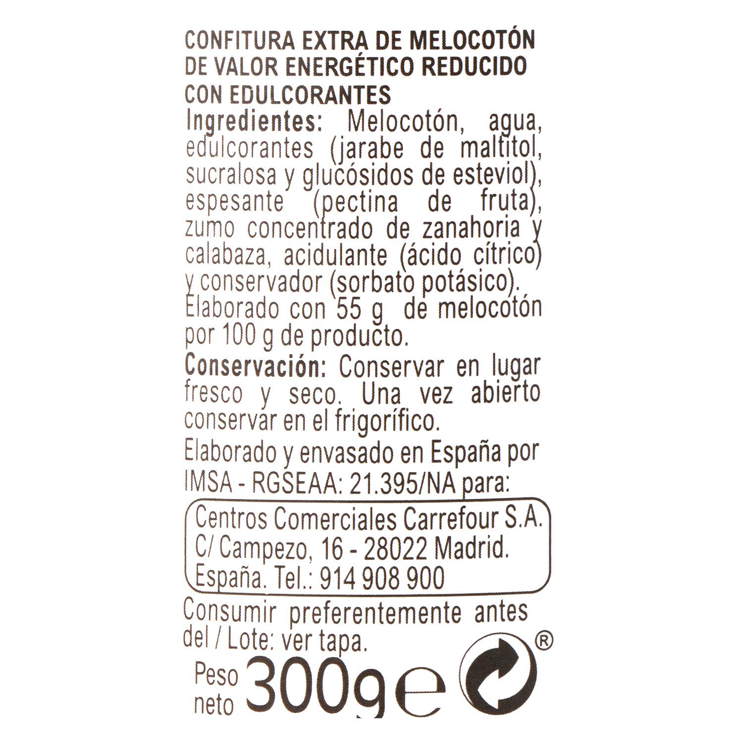 Confitura de melocotón categoría extra light Carrefour 300 g.
