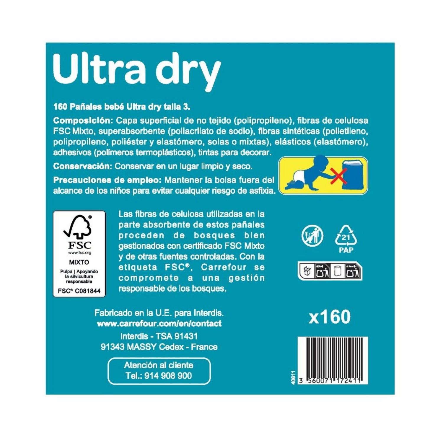 Pañales ultra dry Carrefour Baby T3 (4-9 kg) 160 ud.