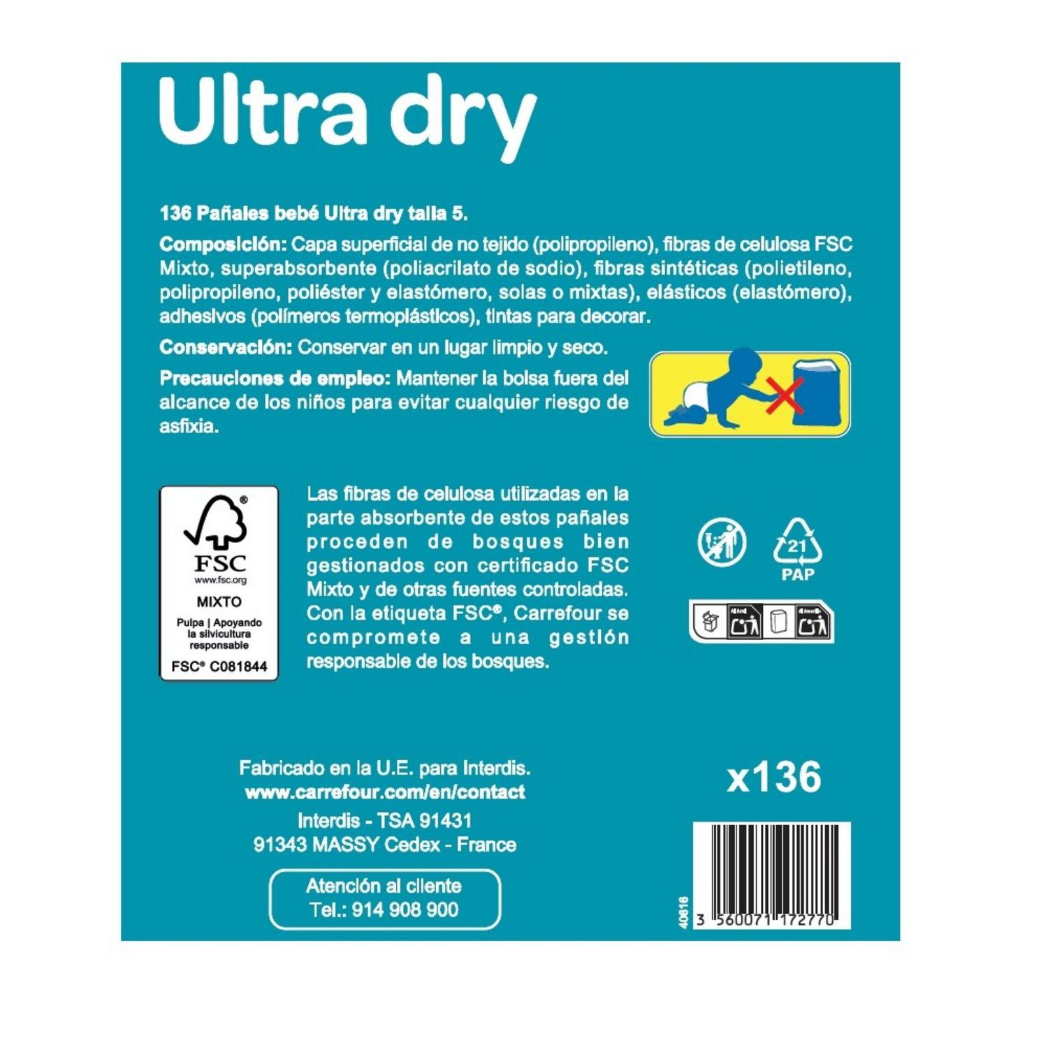 Pañales ultra dry My Carrefour Baby T5 (12-20 kg) 136 ud.
