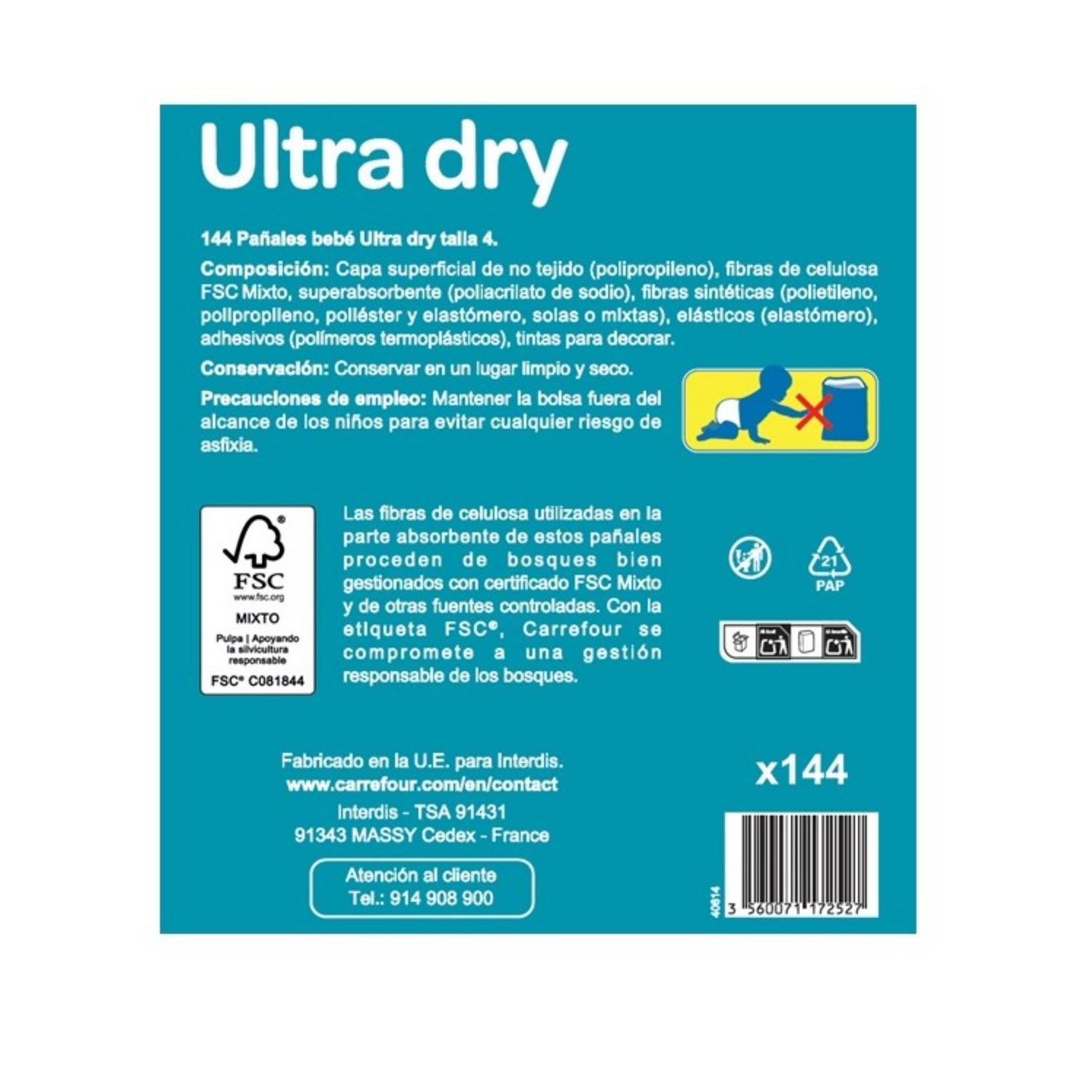 Pañales ultra dry Carrefour Baby T4 (7-18 kg) 144 ud.