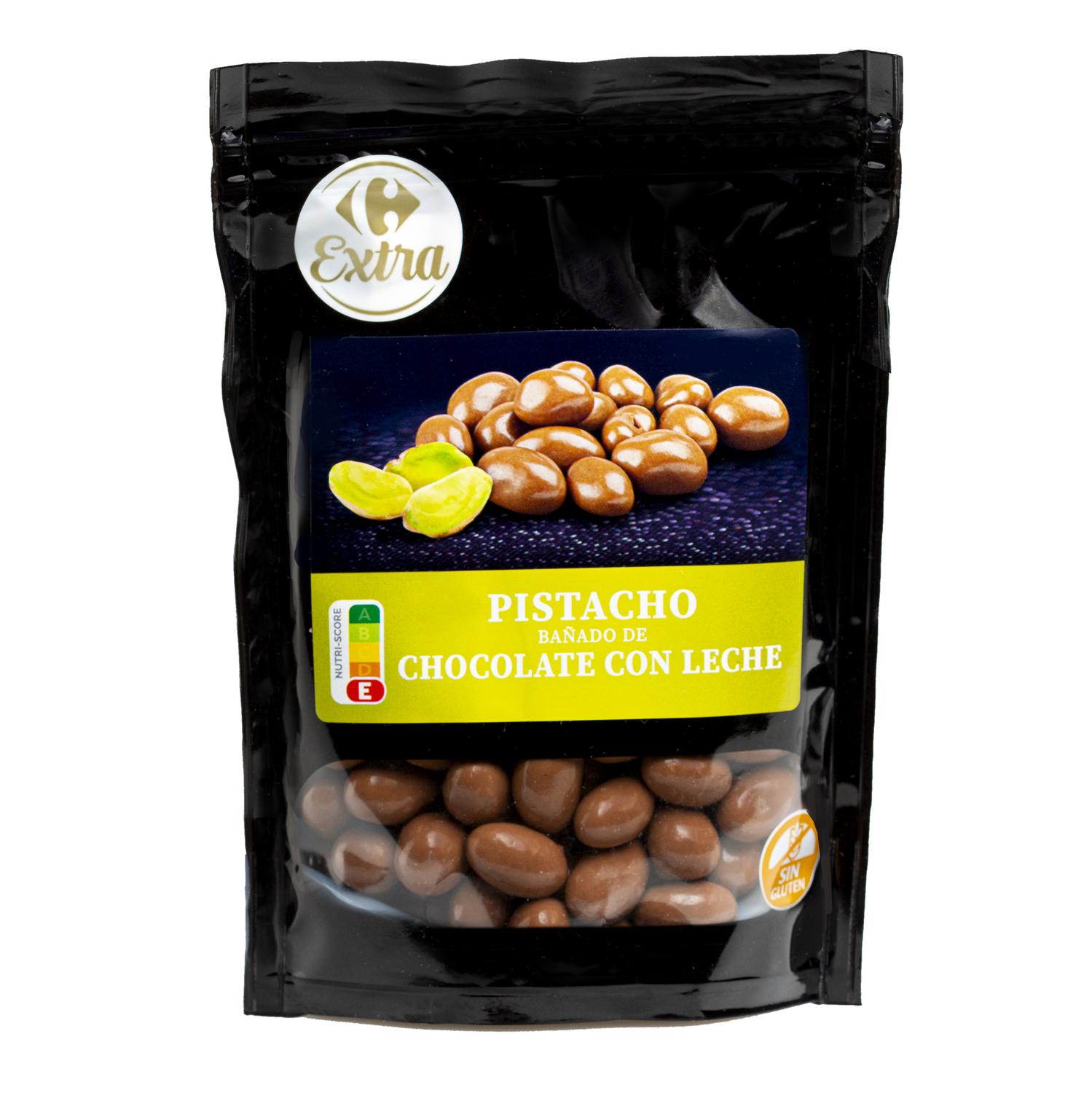 Pistachos bañados en chocolate con leche Carrefour Extra sin gluten doy pack 150 g.
