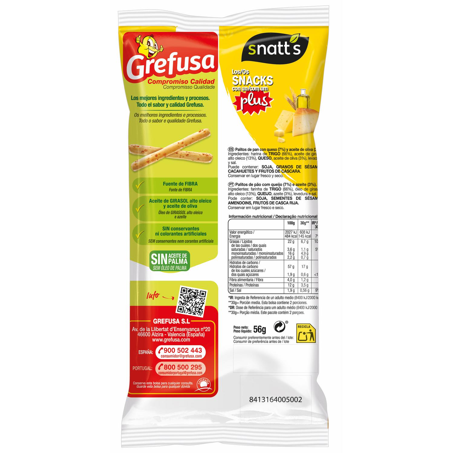 Palitos de pan con queso Snatt's Grefusa 56 g.