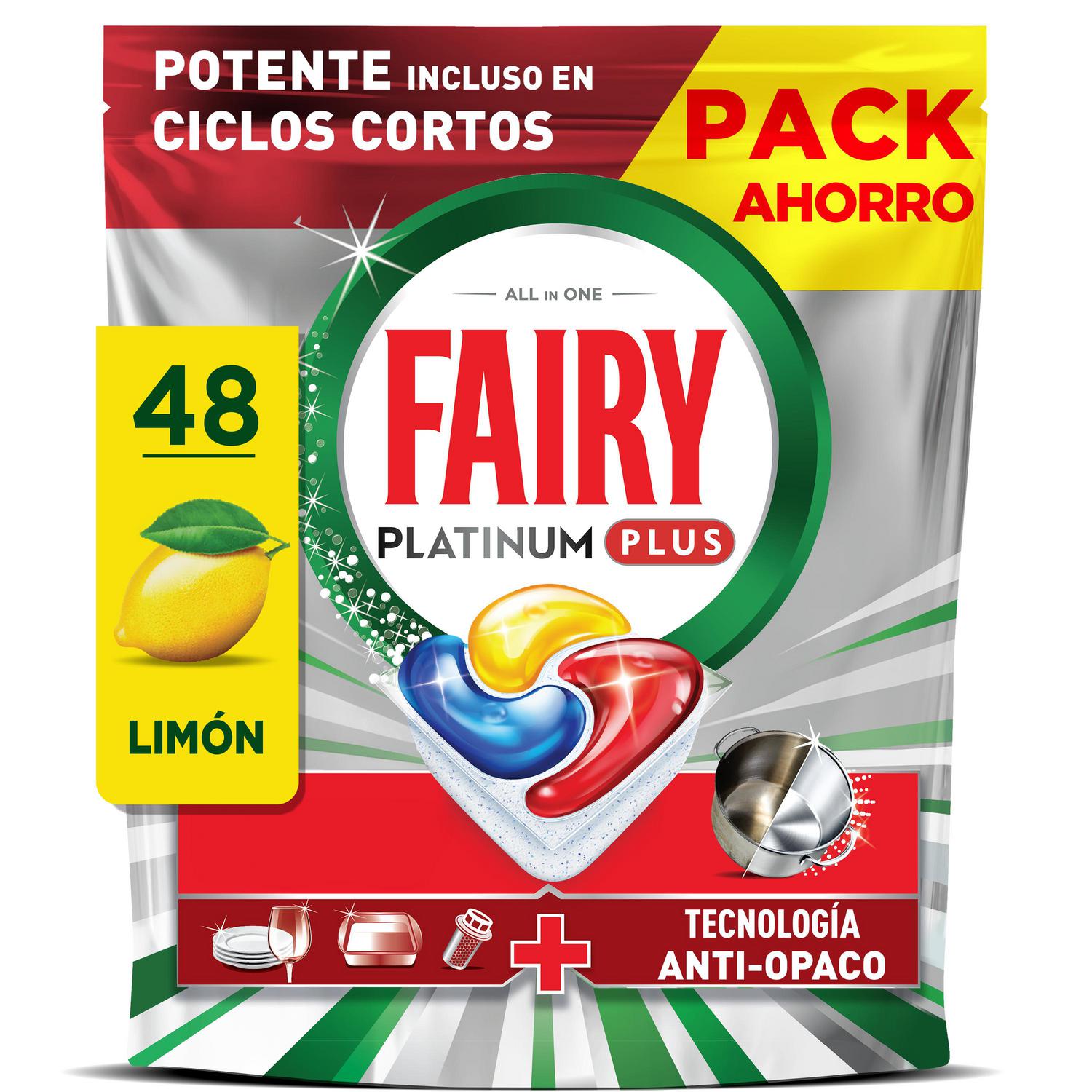 Lavavajillas a máquina platinum plus pastillas todo en uno limón Fairy 48 ud.