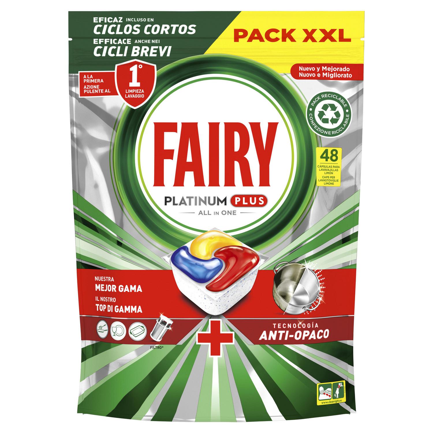 Lavavajillas a máquina platinum plus pastillas todo en uno limón Fairy 48 ud.