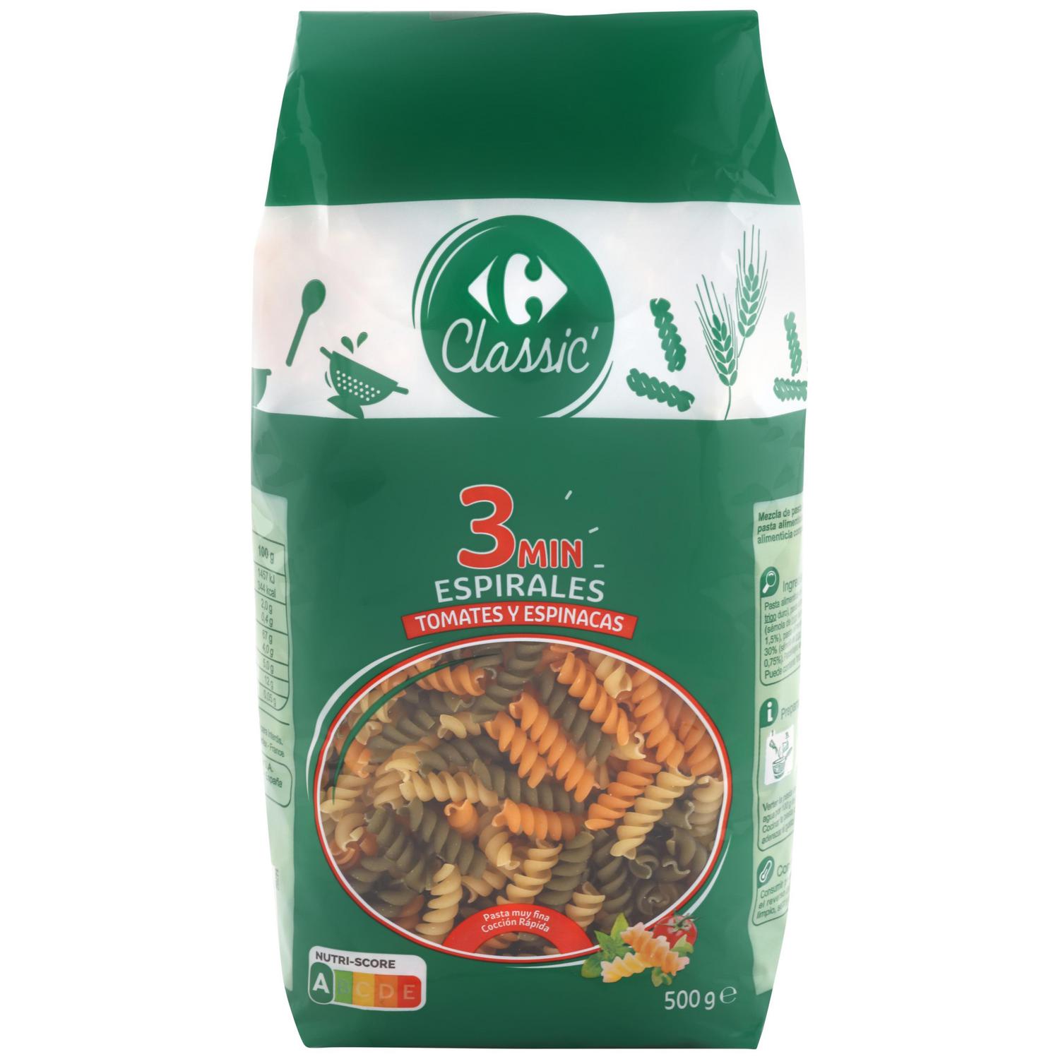 Pasta espiral tricolor Carrefour Classic 500 g.