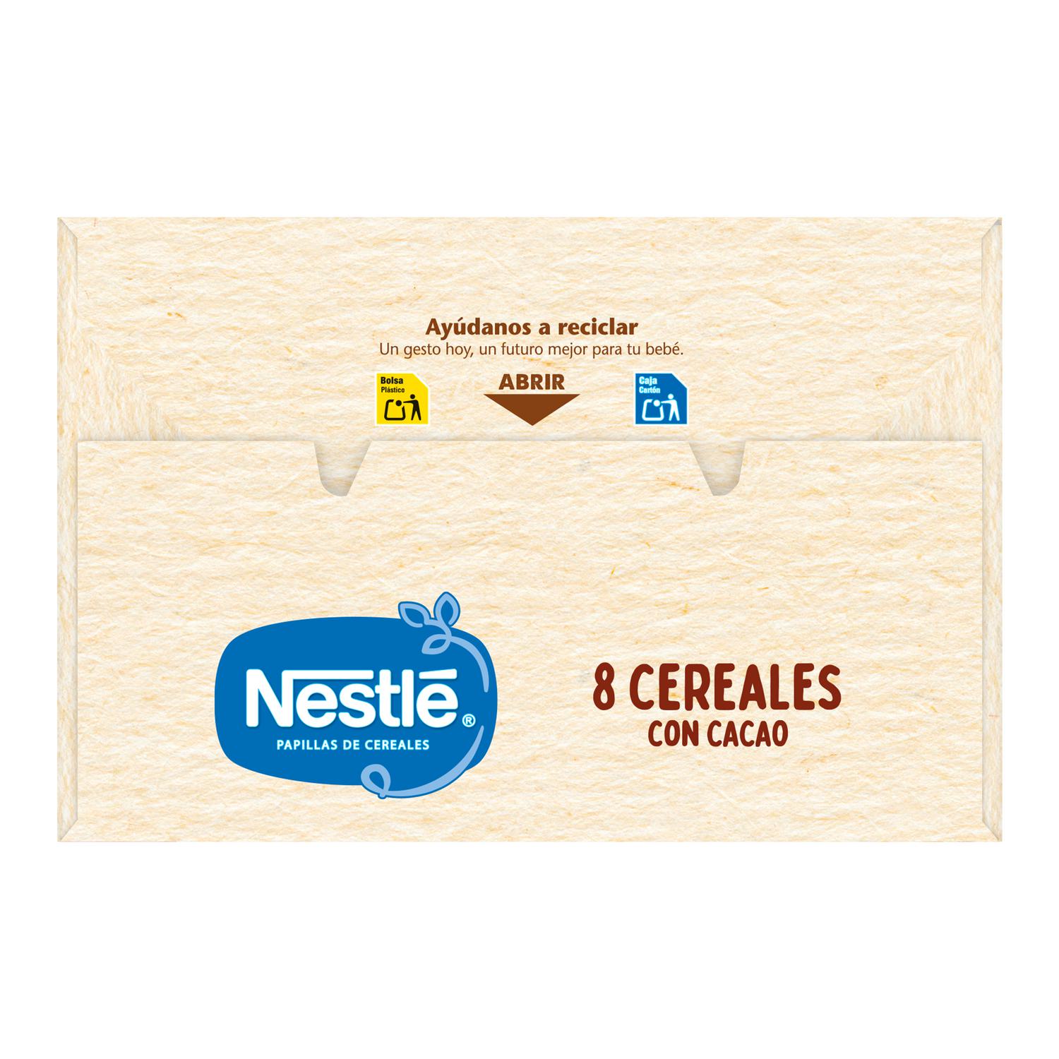 Papilla infantil desde 12 meses 8 cereales con cacao Nestlé sin azúcar añadido 725 g.