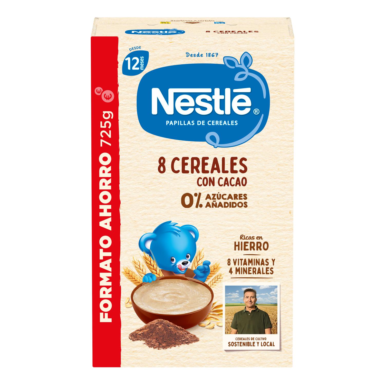 Papilla infantil desde 12 meses 8 cereales con cacao Nestlé sin azúcar añadido 725 g.
