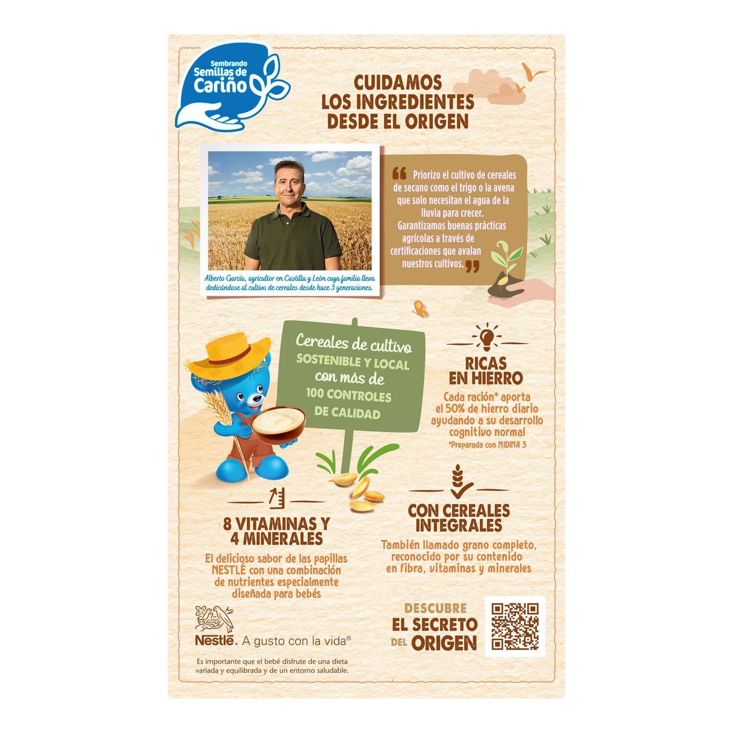 Papilla infantil desde 12 meses 8 cereales con cacao Nestlé sin azúcar añadido 725 g.