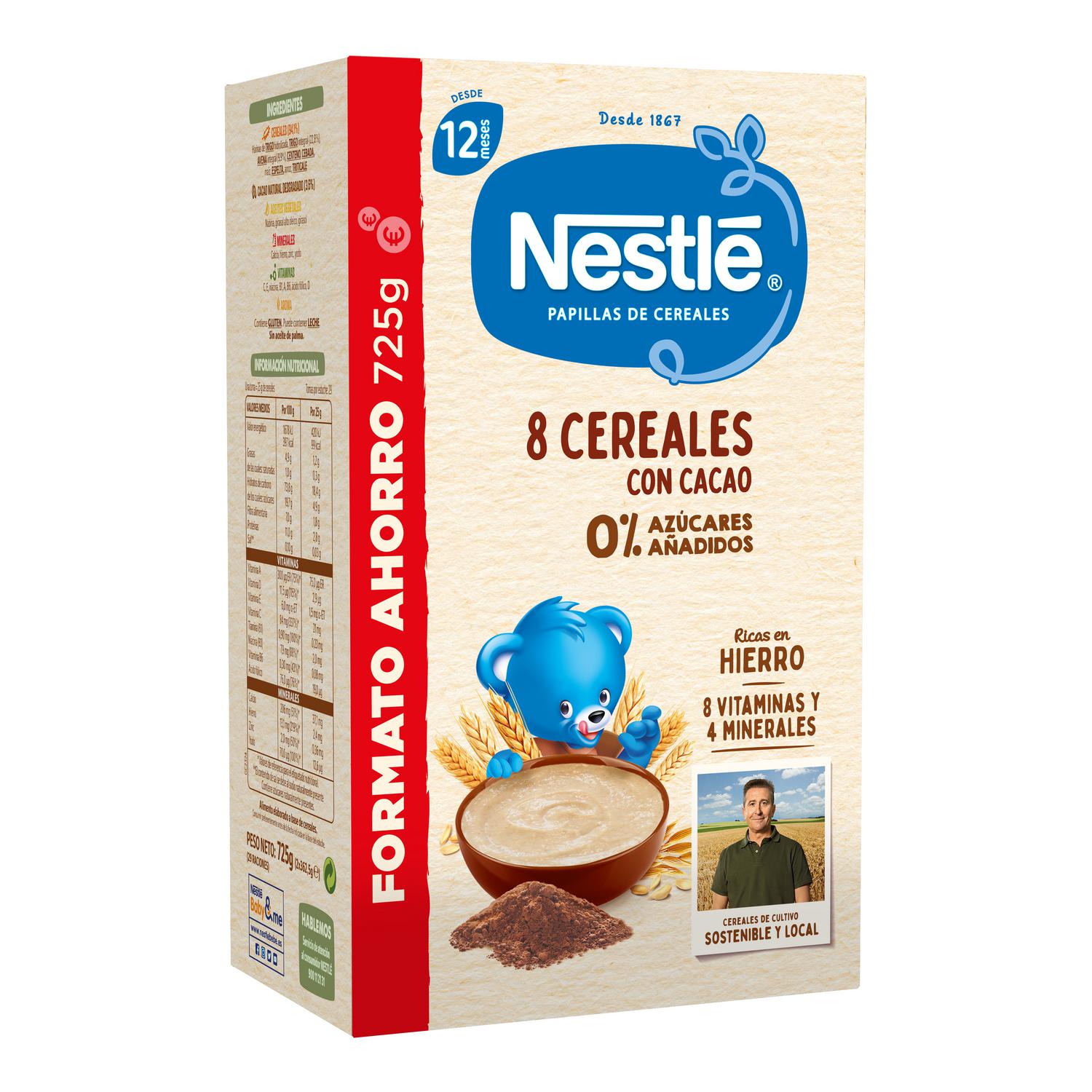 Papilla infantil desde 12 meses 8 cereales con cacao Nestlé sin azúcar añadido 725 g.