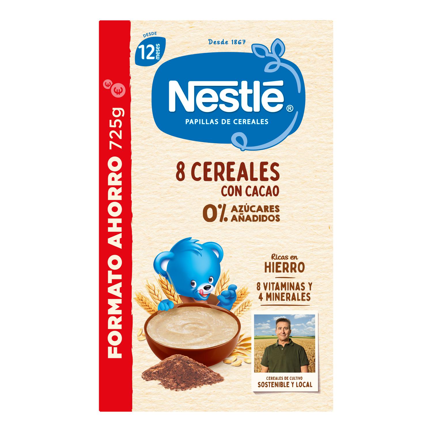 Papilla infantil desde 12 meses 8 cereales con cacao Nestlé sin azúcar añadido 725 g.
