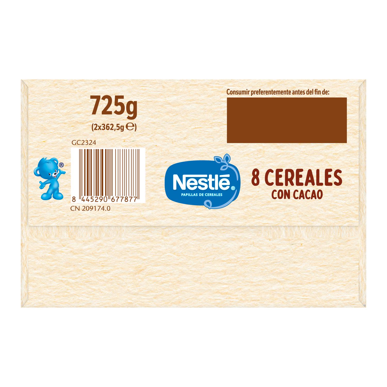Papilla infantil desde 12 meses 8 cereales con cacao Nestlé sin azúcar añadido 725 g.